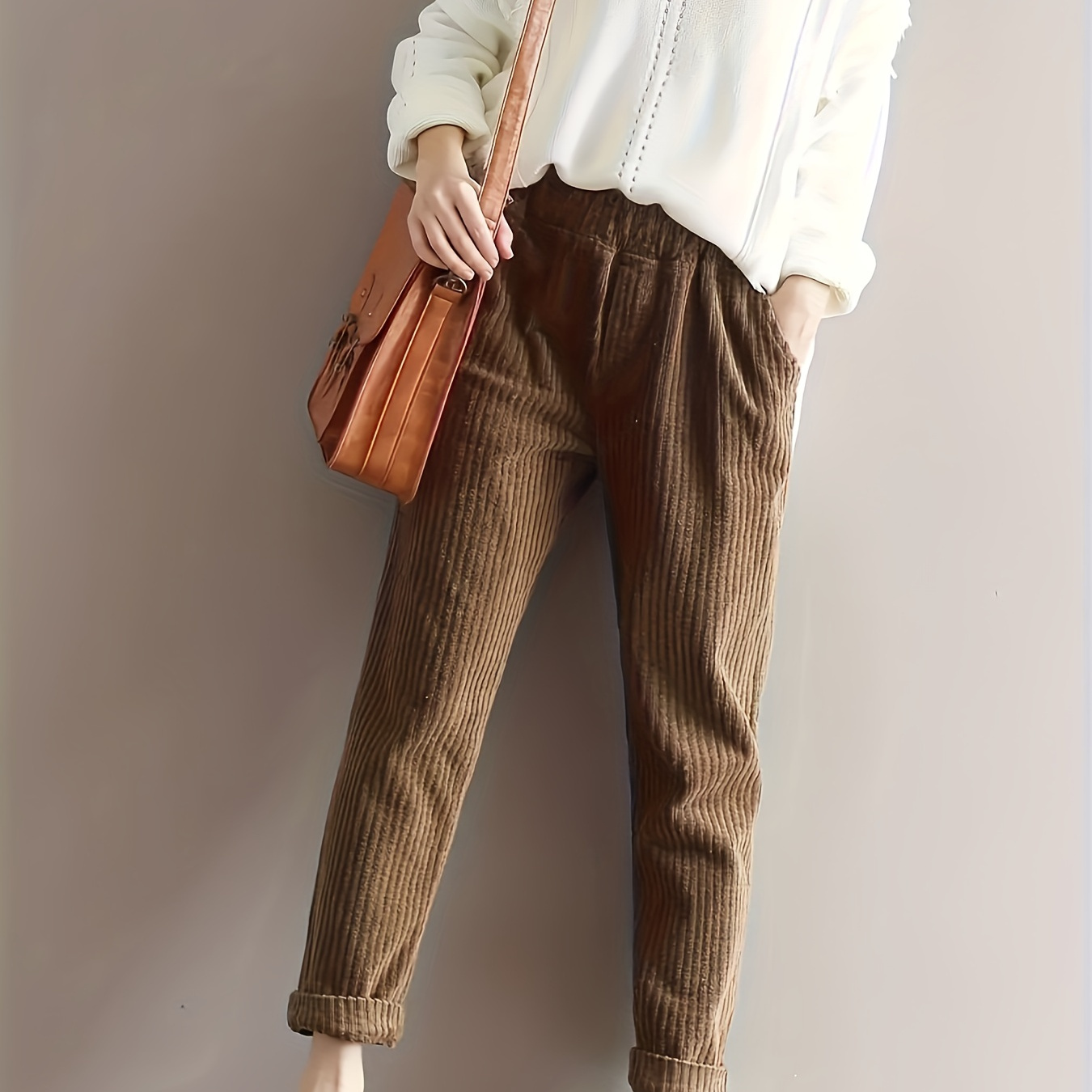 

Women's Fall/winter High Waist Straight Leg Corduroy Pants, Polyester With Spandex, Solid Color Woven Trousers