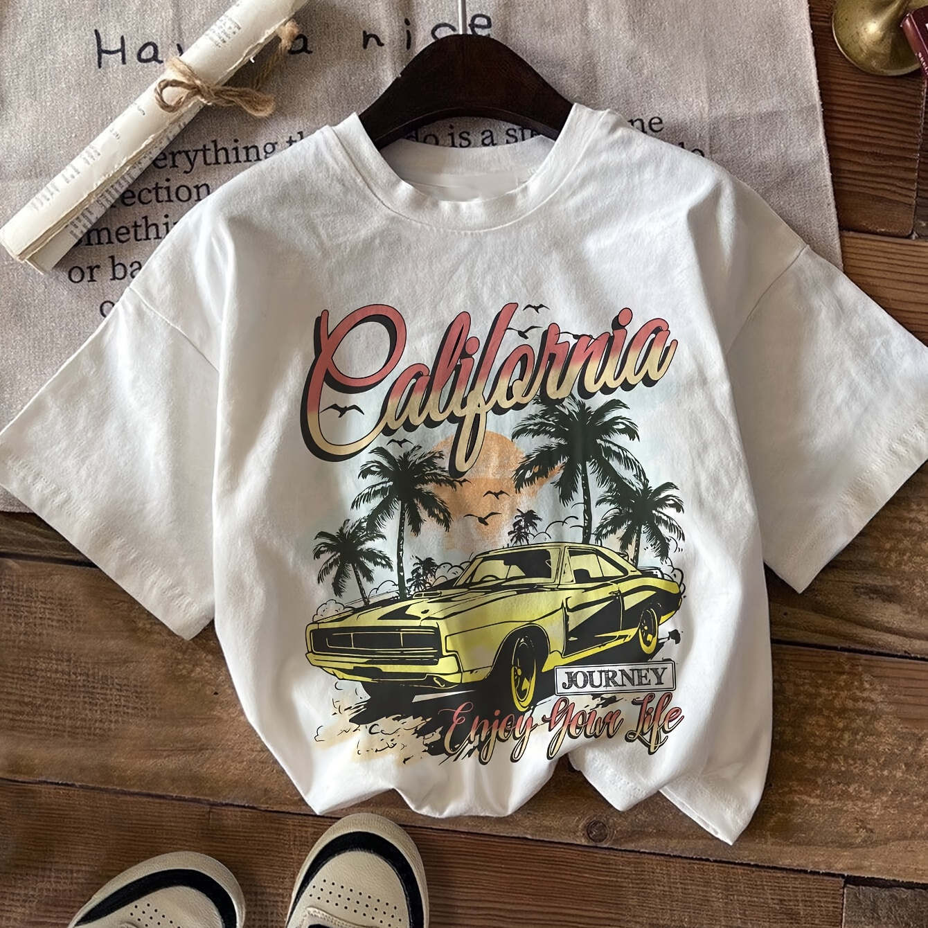 

Car Print T-shirt, Short Sleeve Crew Neck Casual Top For Summer & Spring, Women's Clothing