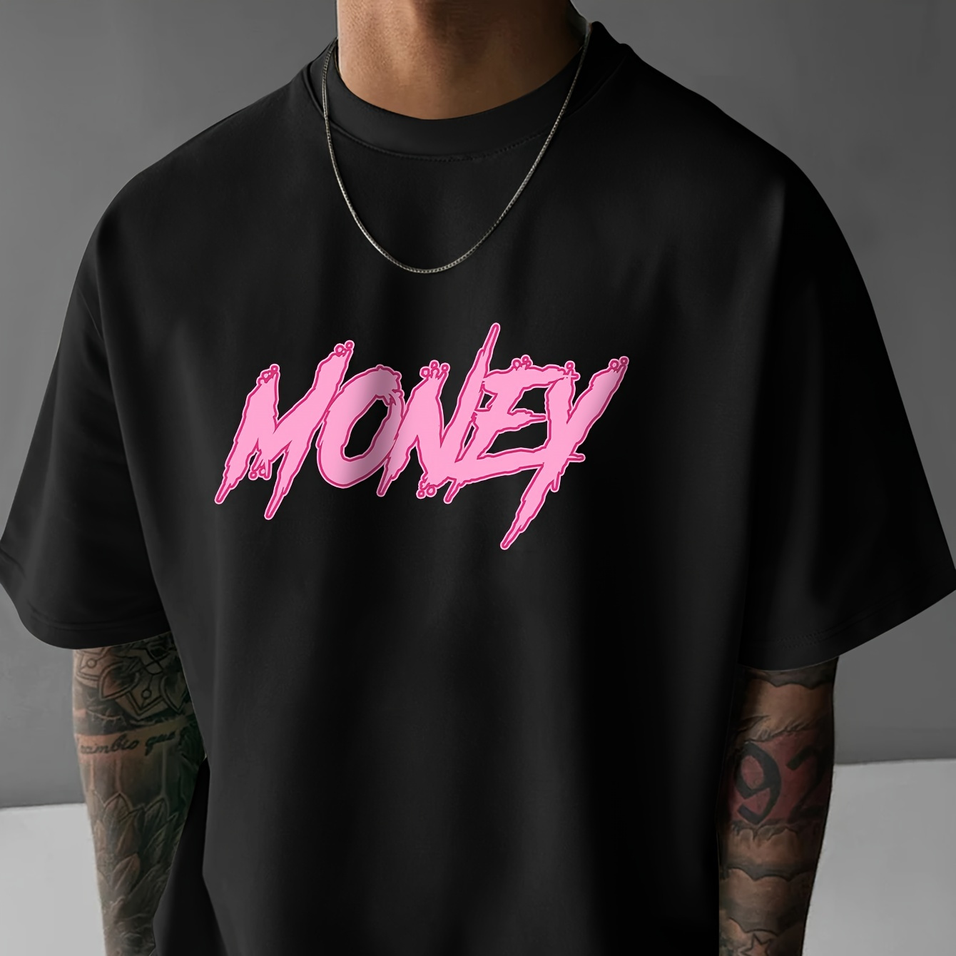 

Money Colored Print, Men's Short Sleeve Round Collar Street Style T-shirt For Summer & Spring