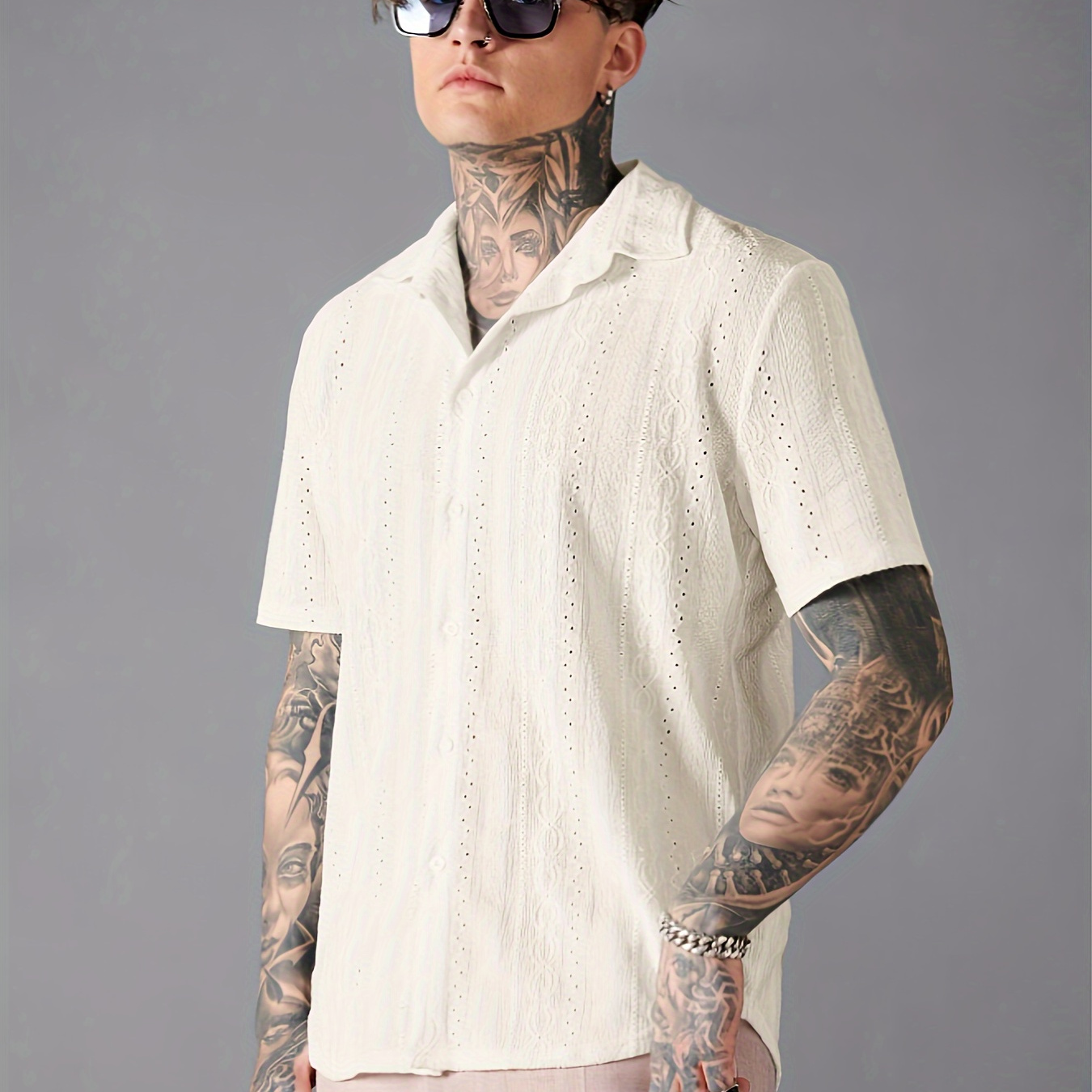 

Men's Solid Color Lapel Shirt With Novel Designed Hollow Pattern, Short Sleeve And Button Down Placket, Casual And Novel Tops For Summer Leisurewear