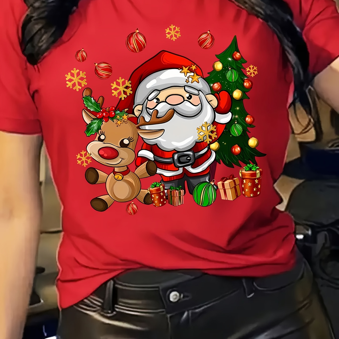 

Santa And Pattern T Short-sleeved Casual Crew Neck Top Spring And Summer Women's Wear
