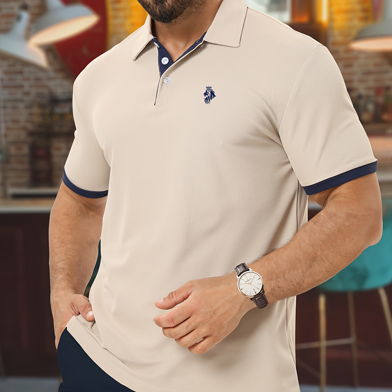 

Lion With Crown Print Summer Men's Fashionable Lapel Short Sleeve Golf T-shirt, Suitable For Commercial Entertainment Occasions, Such As Tennis And Golf, Men's Clothing, As Gifts