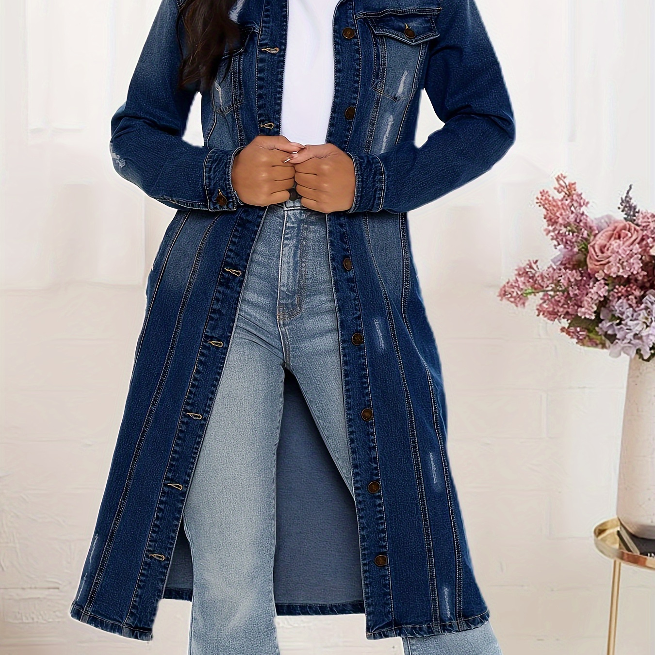 

Women's Lapel Button Vintage Slim Denim Long Jacket