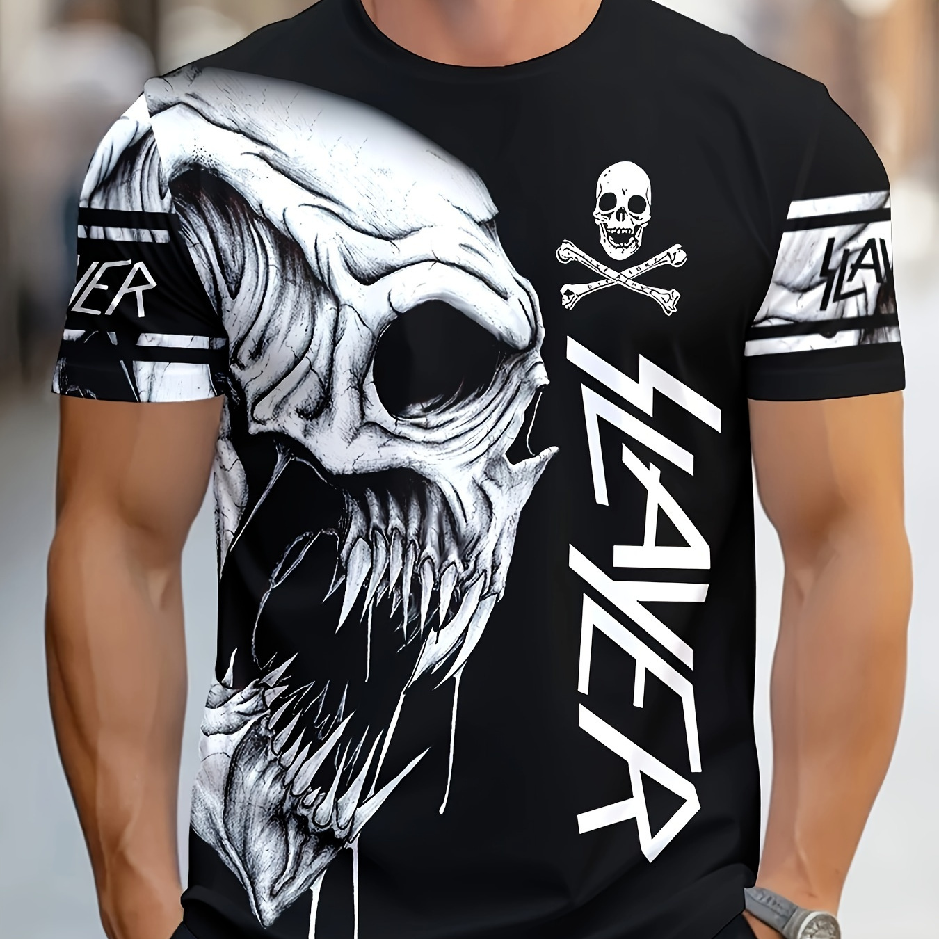

Men's Novelty Skull Graphic Tee - Casual Polyester Crew Neck T-shirt With , Summer