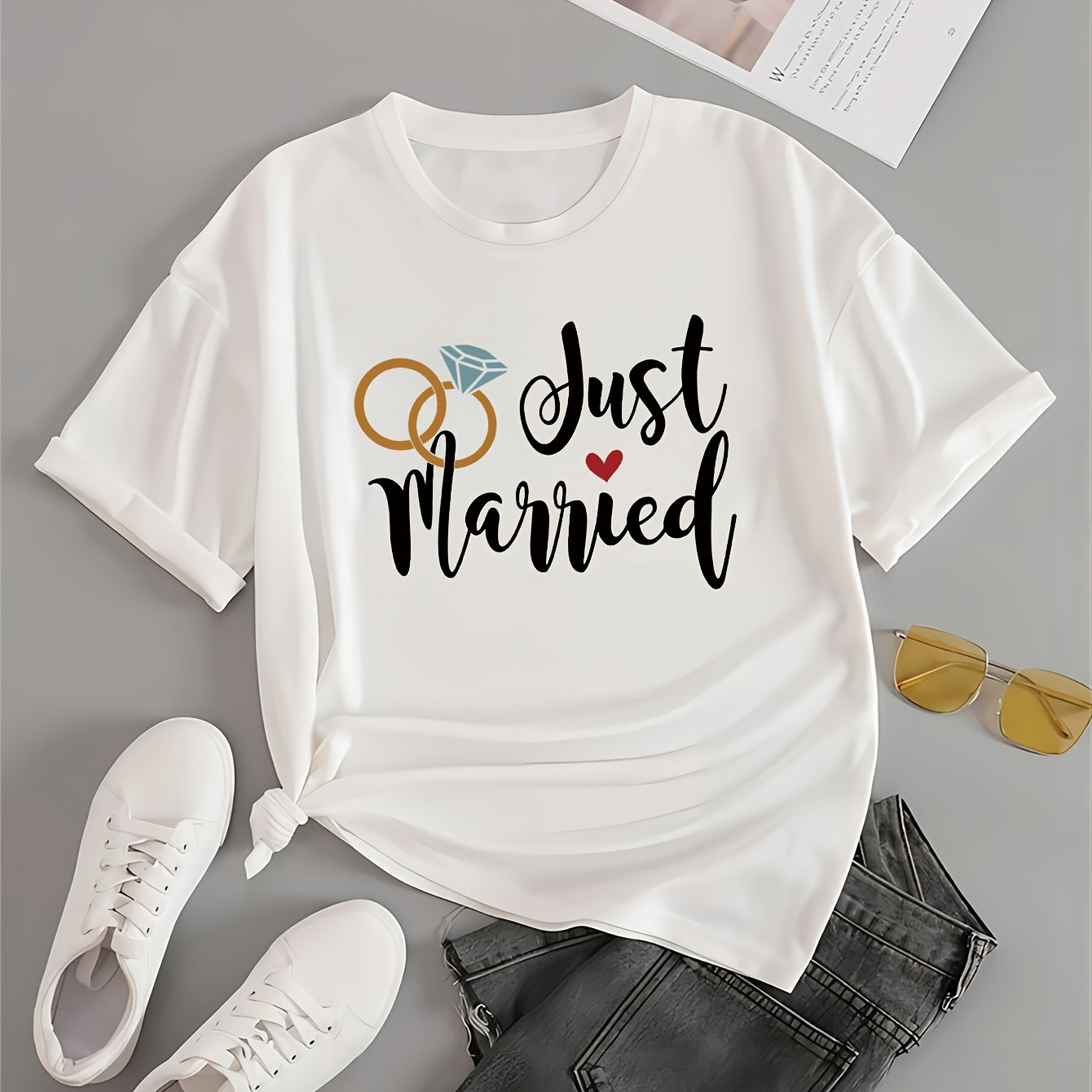 

Ring & Married Letter Print T-shirt, Casual Short Sleeve Crew Neck Top, Women's Clothing
