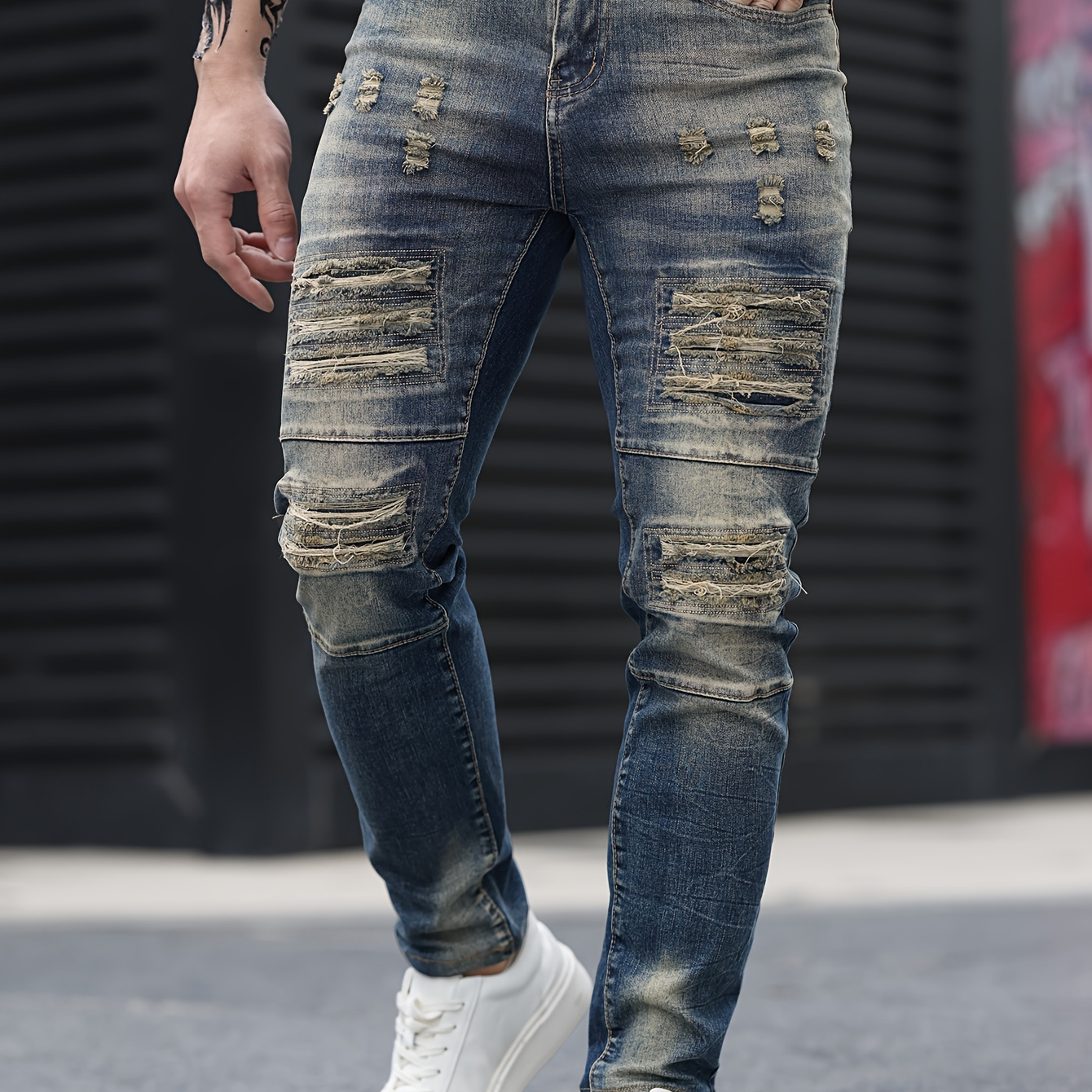 

Men's Fashion Distressed Ripped Skinny Jeans, Vintage Washed Denim Street Style Slim-fit Tapered Leg Casual Pants, Versatile & Comfortable Long Trousers