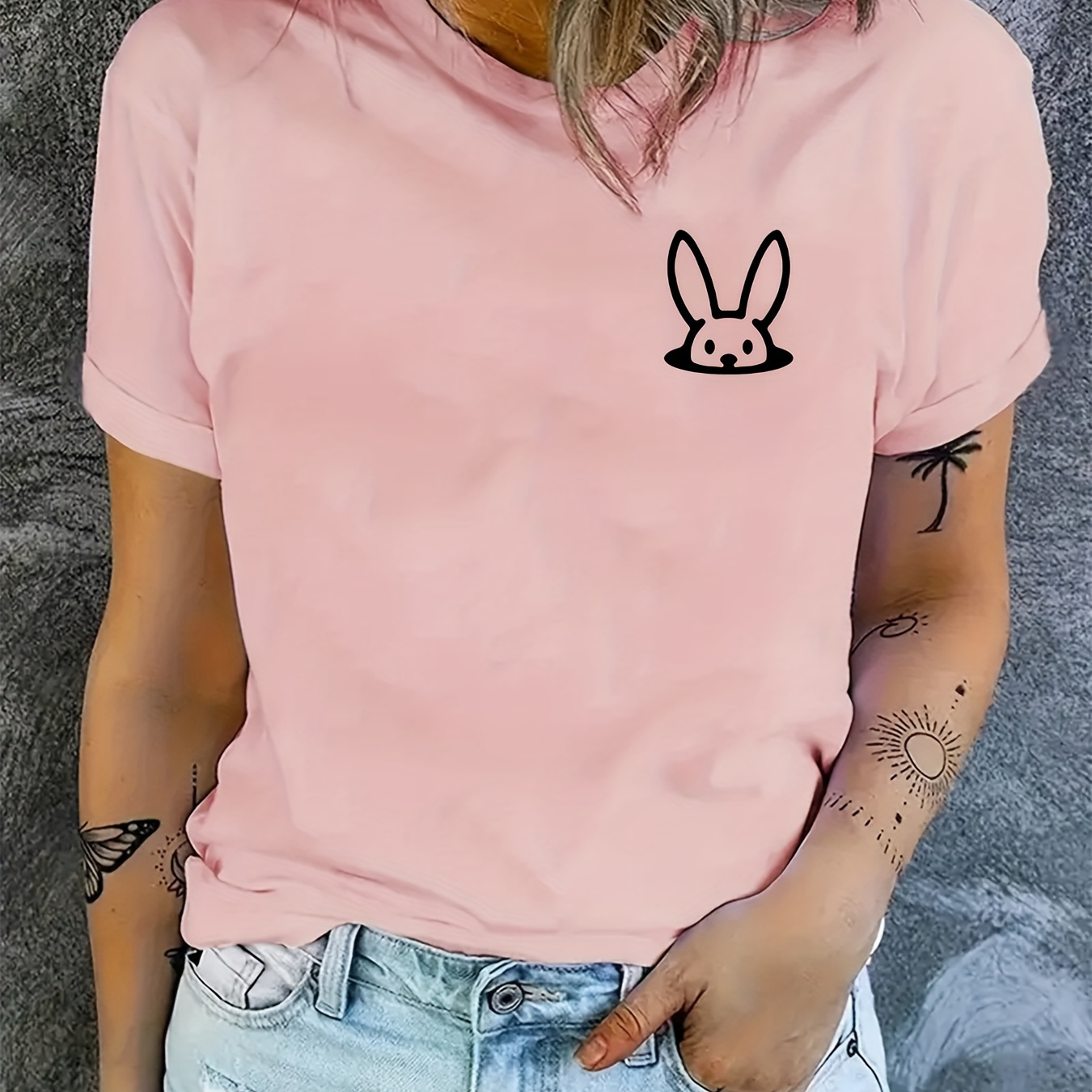 

Easter Cute Rabbit Graphic Workout T-shirt, Short Sleeve Crew Neck Casual Sports Tee, Women's Clothing
