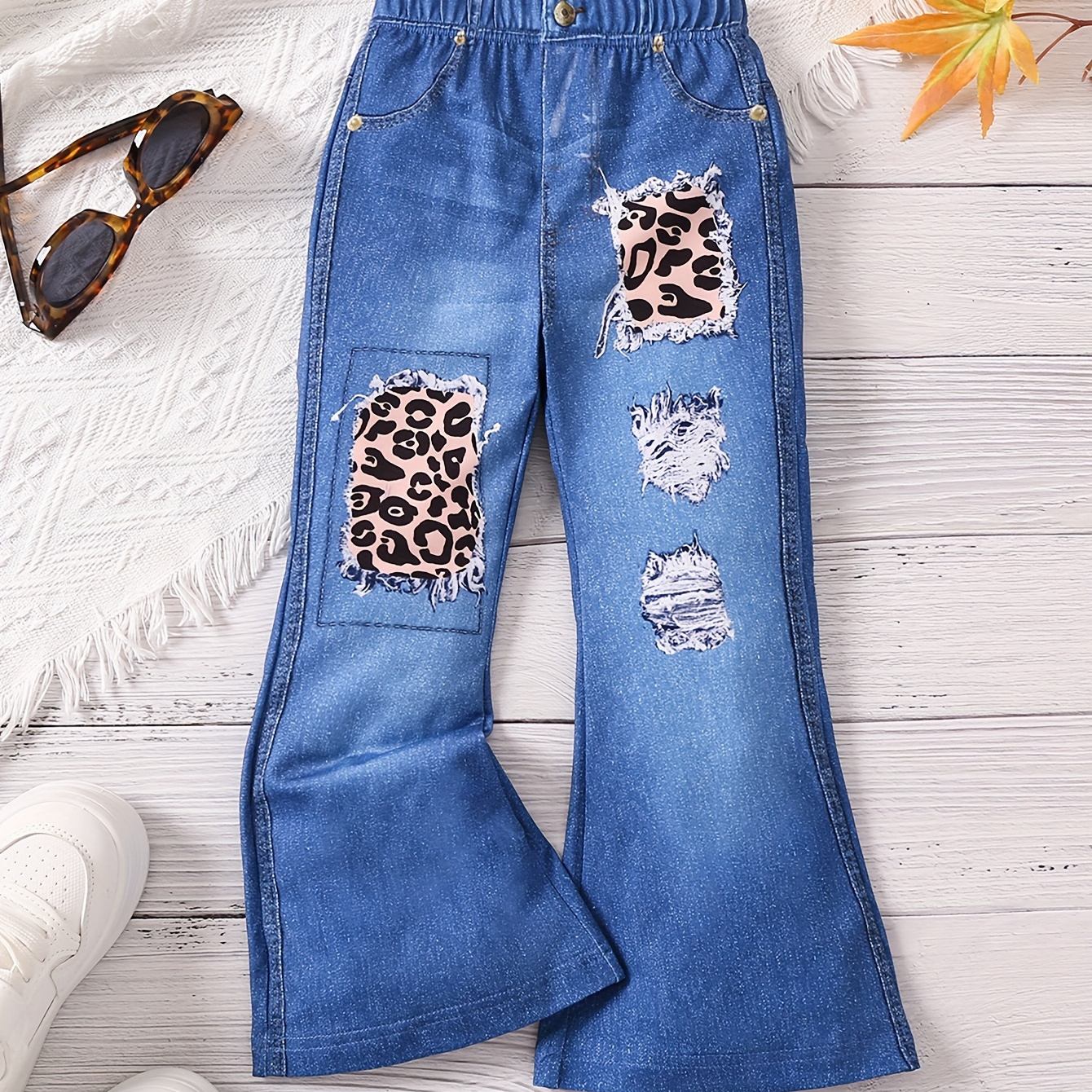 

Sassy & Fashion Girls Trousers Imitation Denim Print Allover Print Comfortable Flare Leg Pants (not Jeans)