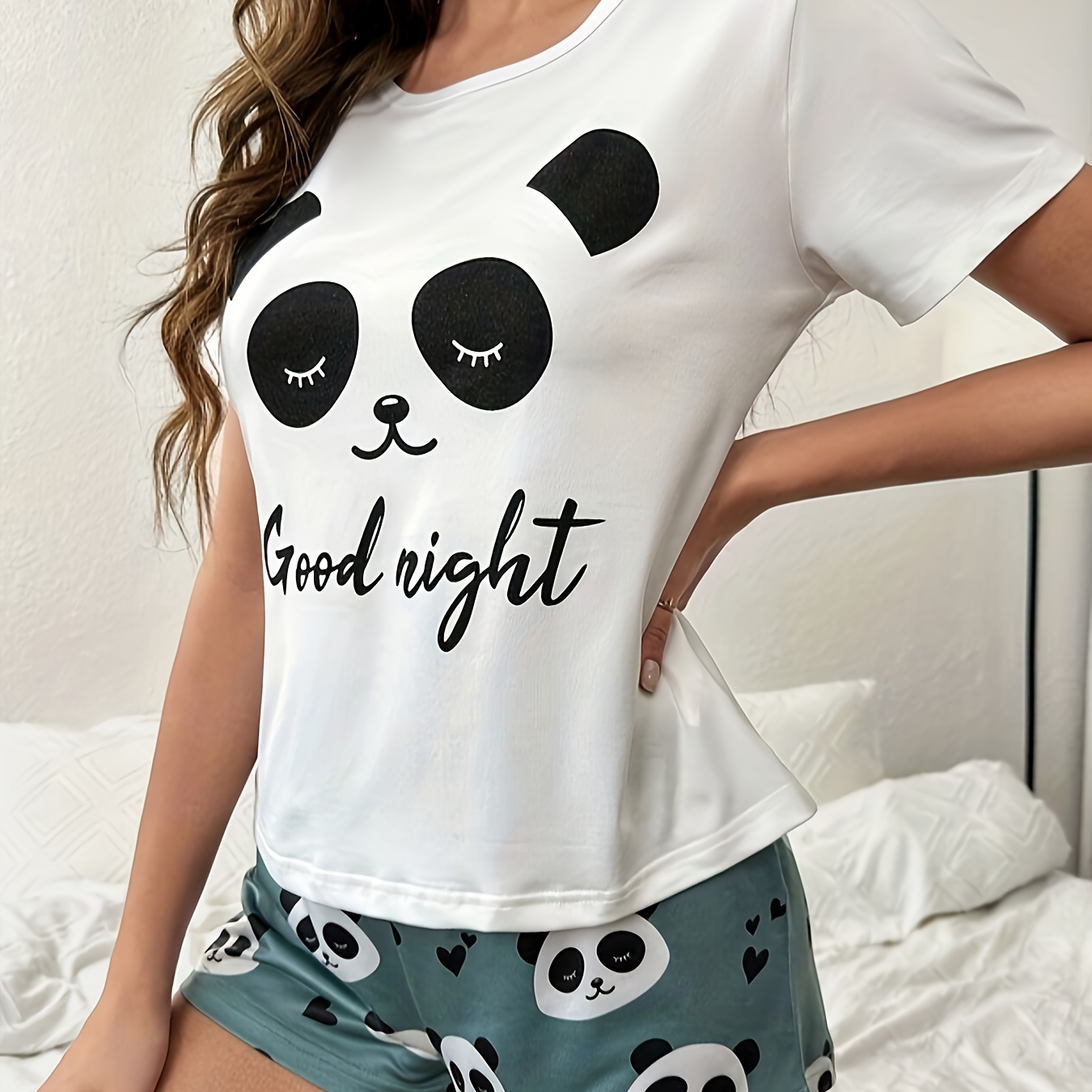 

Cute Panda & Slogan Print Pajama Set, Short Sleeve Round Neck Top & Elastic Shorts, Women's Sleepwear