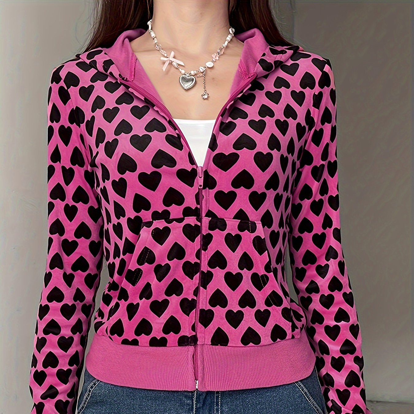 

Women's Heart Print Hooded Jacket With Pockets, Long Sleeve, Polyester, , Zipper Front, Autumn/ Outerwear