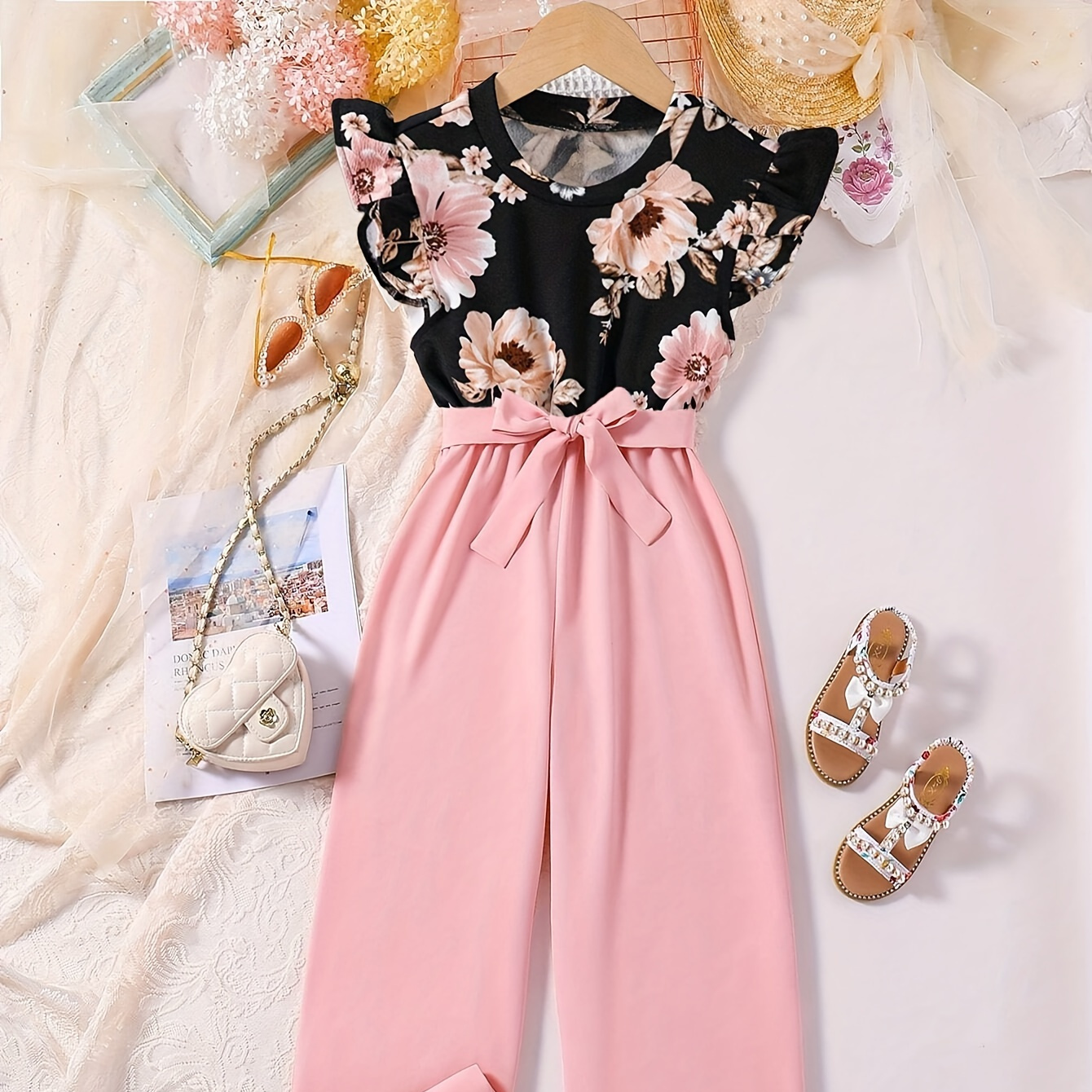 

2-piece Outfits Girls Frill Sleeve Floral Blouse Top + Straight Pants Trendy Set Holiday Going Out Summer Clothes