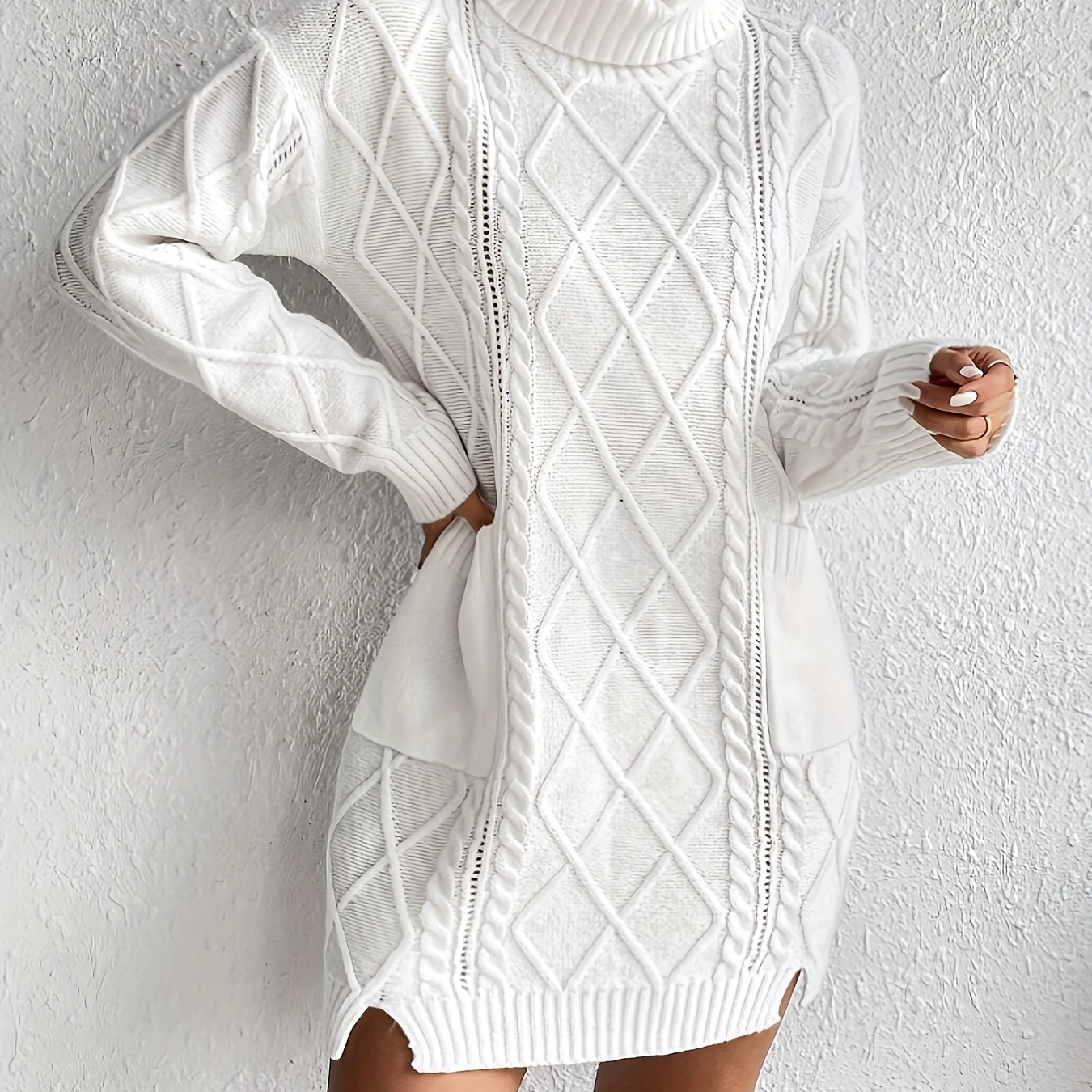 

Elegant White Turtleneck Sweater Dress With Diamond Pattern And Dual Pockets - Chic Knit Autumn/ For Women By , Casual |chic Knit Dress|comfortable Design