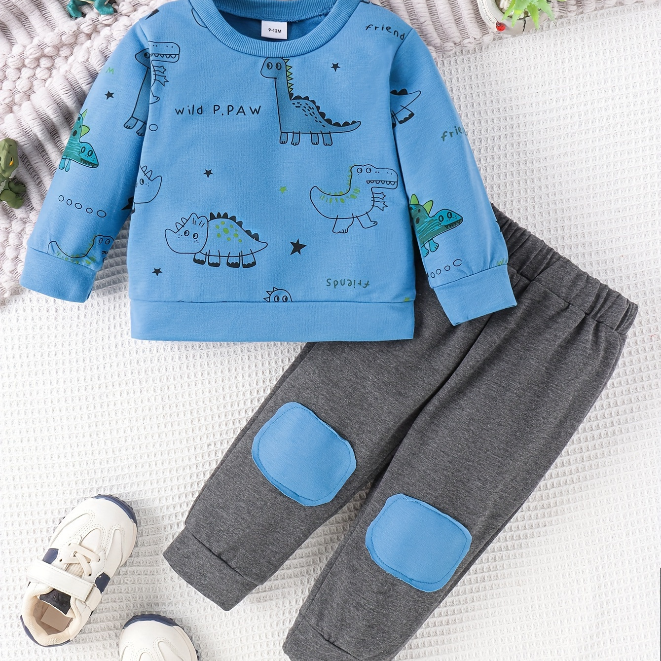 

2pcs Boy's Color Clash Outfit, Dinosaur Pattern Sweatshirt & Patched Sweatpants Set, Casual Long Sleeve Top, Kid's Clothes For Spring Fall Winter, As Gift
