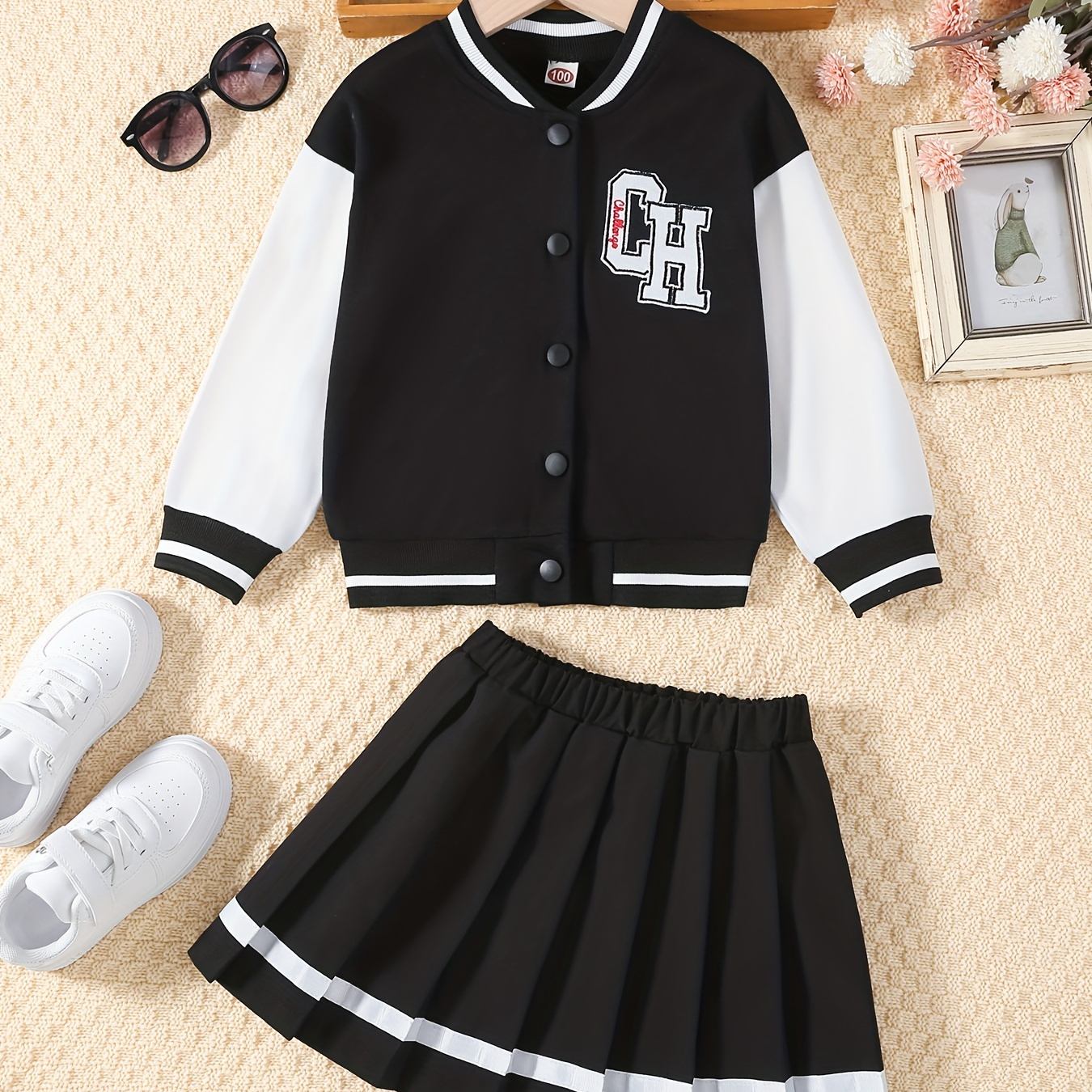 

Girls 2pc, Splicing + Elastic Waist Skirt Kids Clothes For Fall