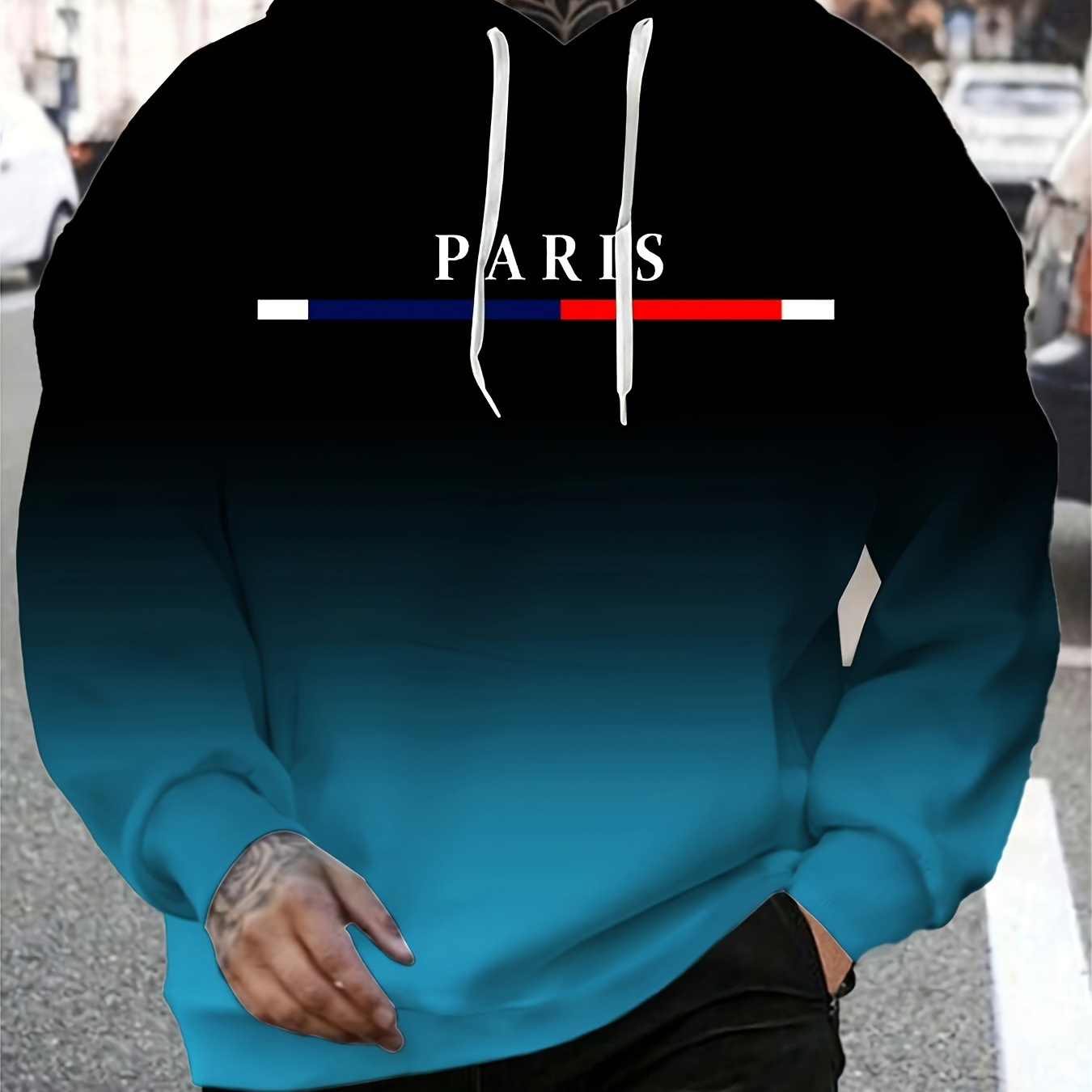 

Sweat à capuche graphique Paris à dégradé de couleurs pour hommes avec poche kangourou, sweat-shirt à capuche décontracté à manches longues pour l'extérieur