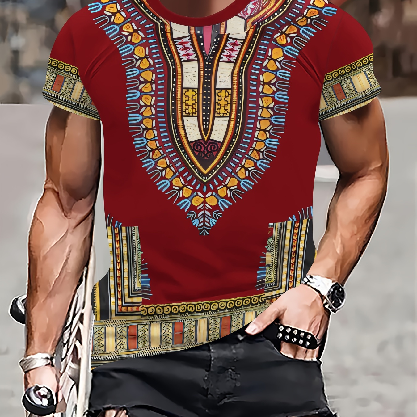 

1pc Men's Novelty African Print T-shirt, Casual Crew Neck, Polyester Knit Fabric With Slight Stretch, Regular Fit