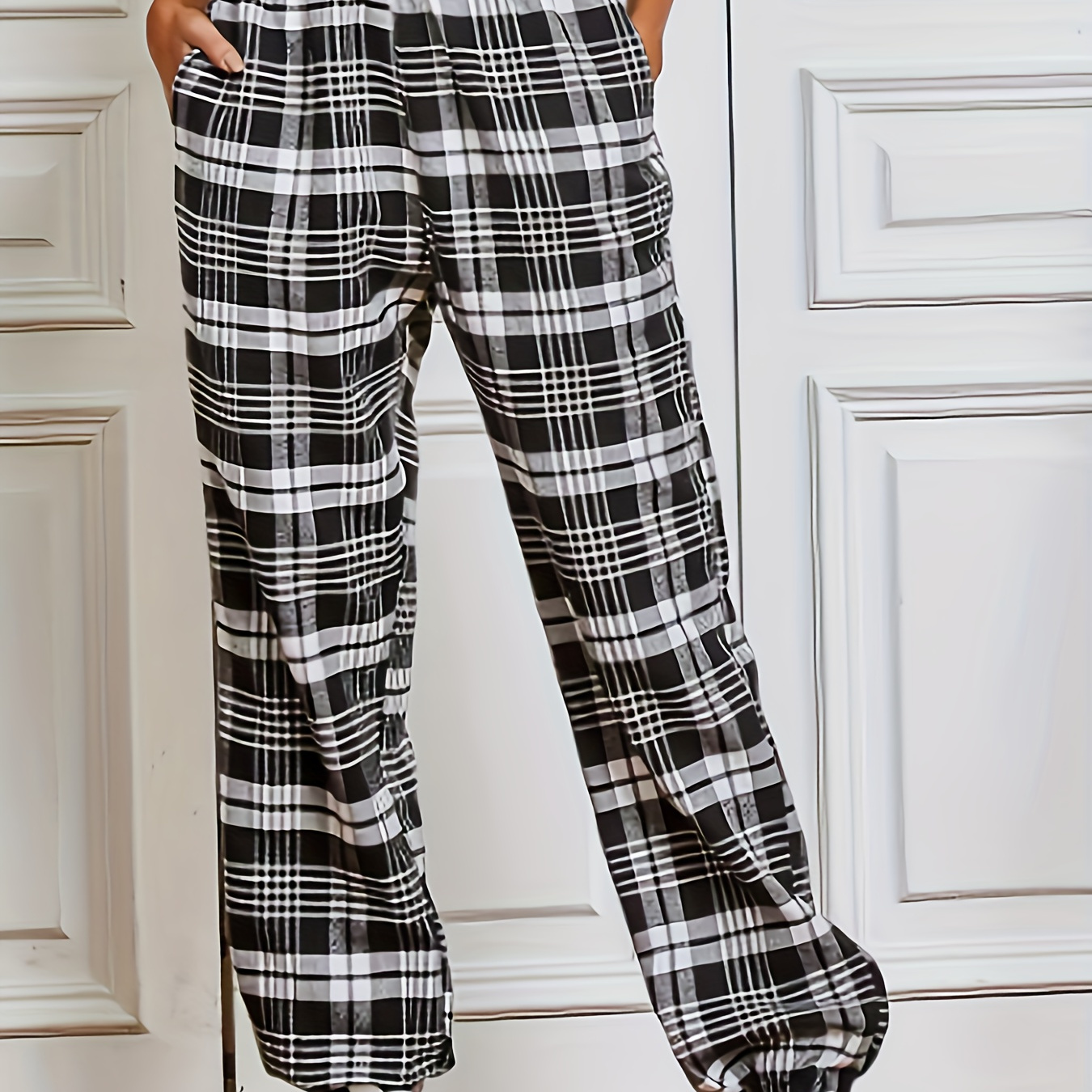 Plus Size Sporty Pants Women's Plus Plaid Print Elastic High - Temu