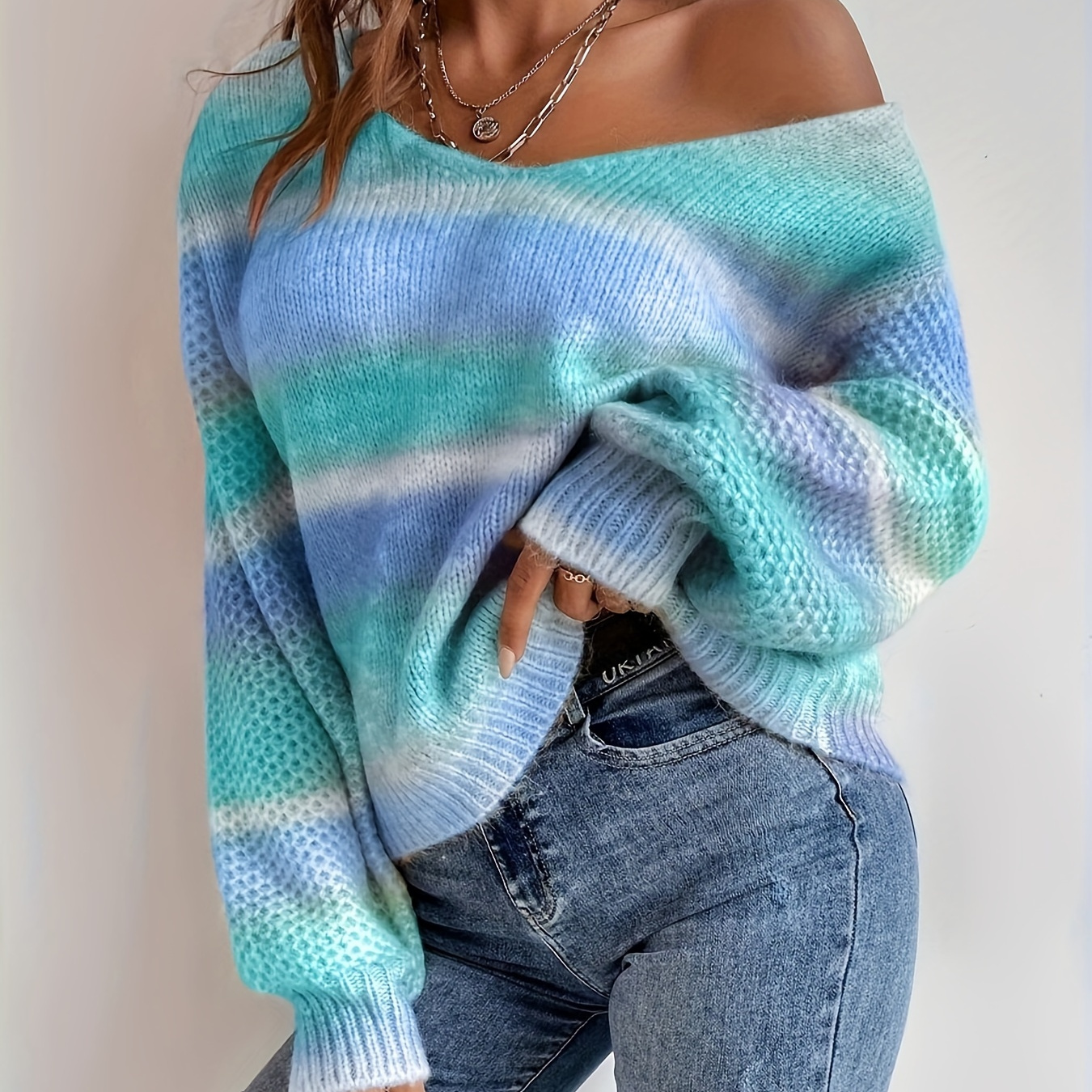 

1pc Women's Ombre Acrylic V-neck Sweater - Knit Fabric Pullover For All