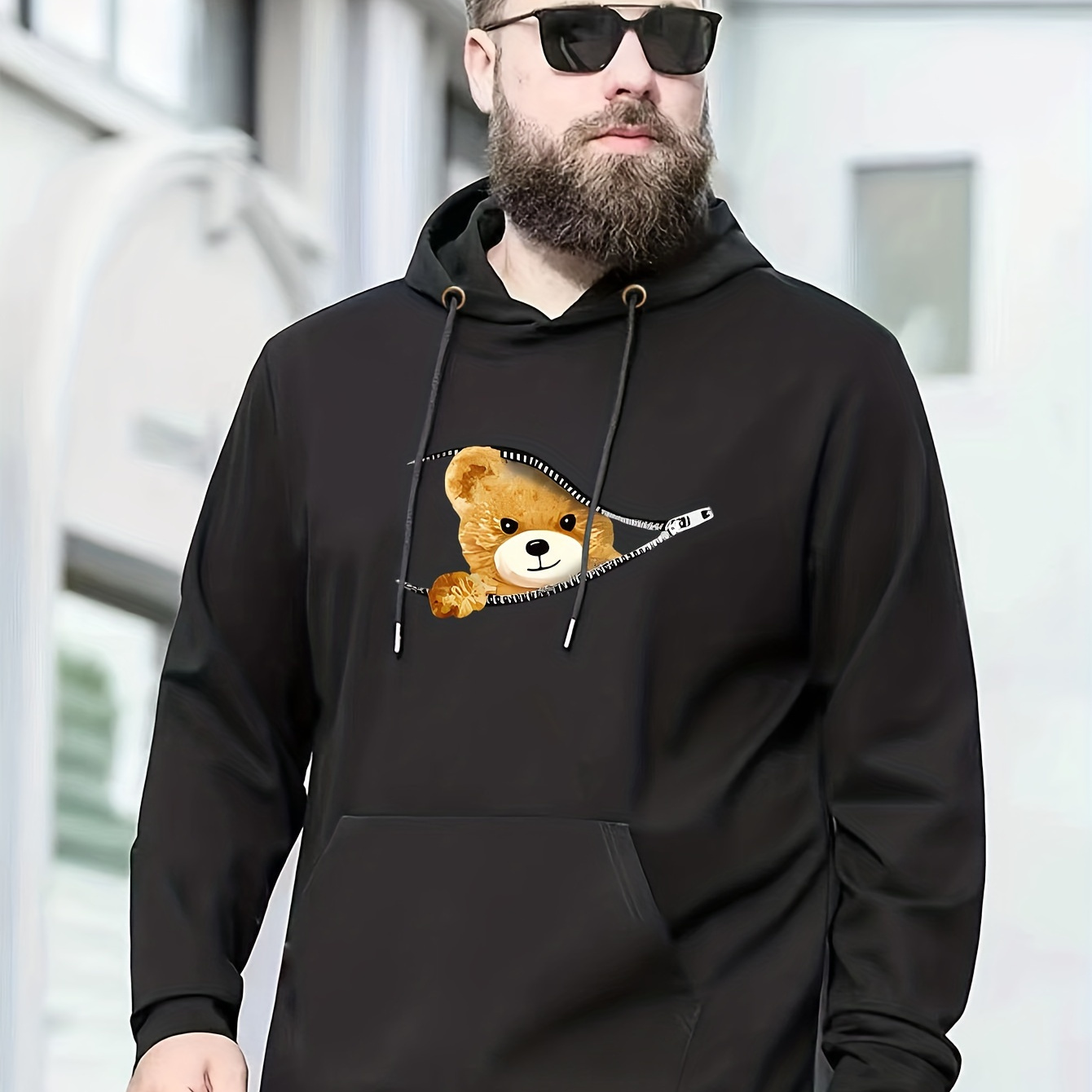 

Plus Size Men's Bear & Zipper Print Hooded Sweatshirt, Oversized Hoodies For Spring/autumn, Men's Clothing