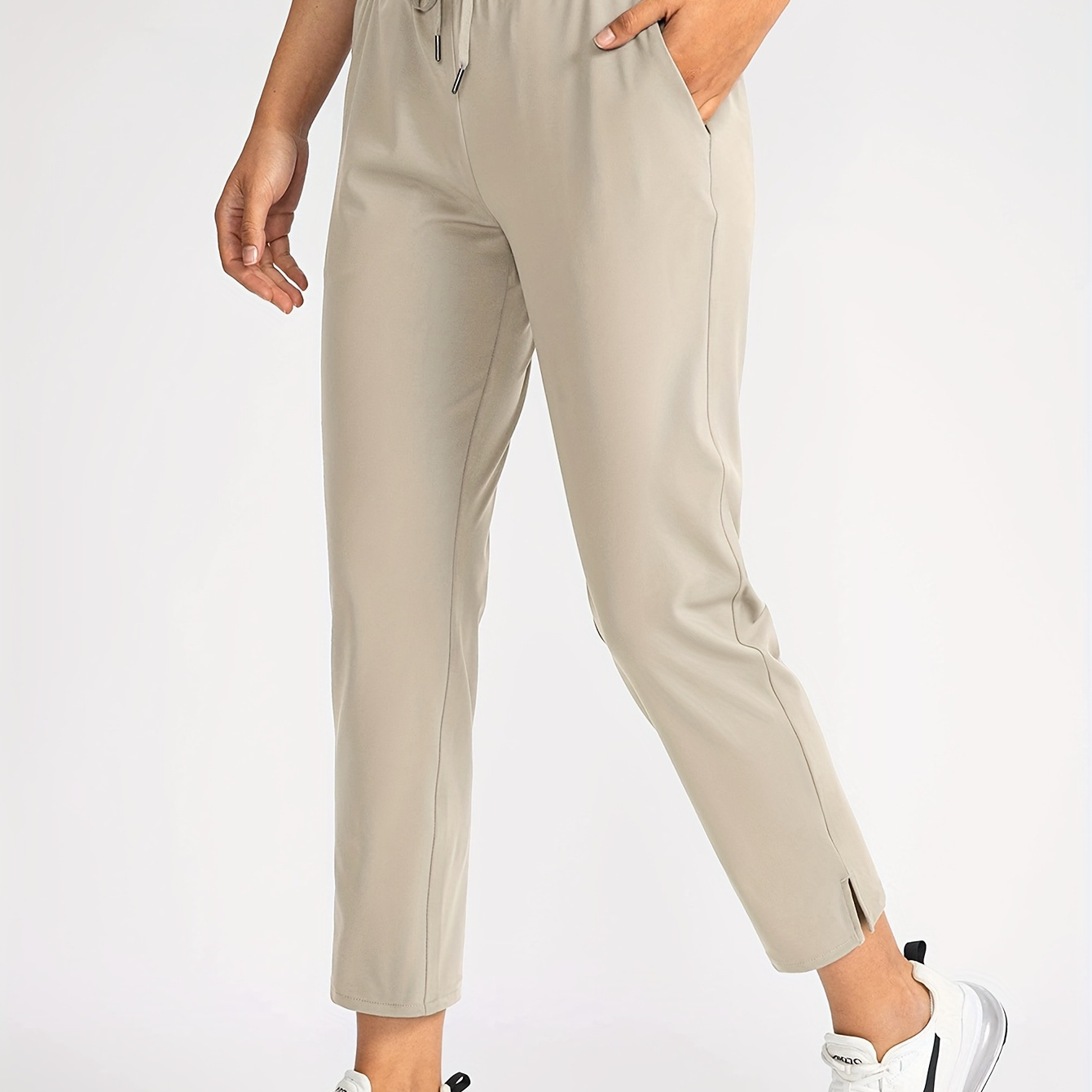 

Solid Drawstring Elastic Waist Pants, Casual Slim Straight Leg Pants For Spring, Women's Clothing