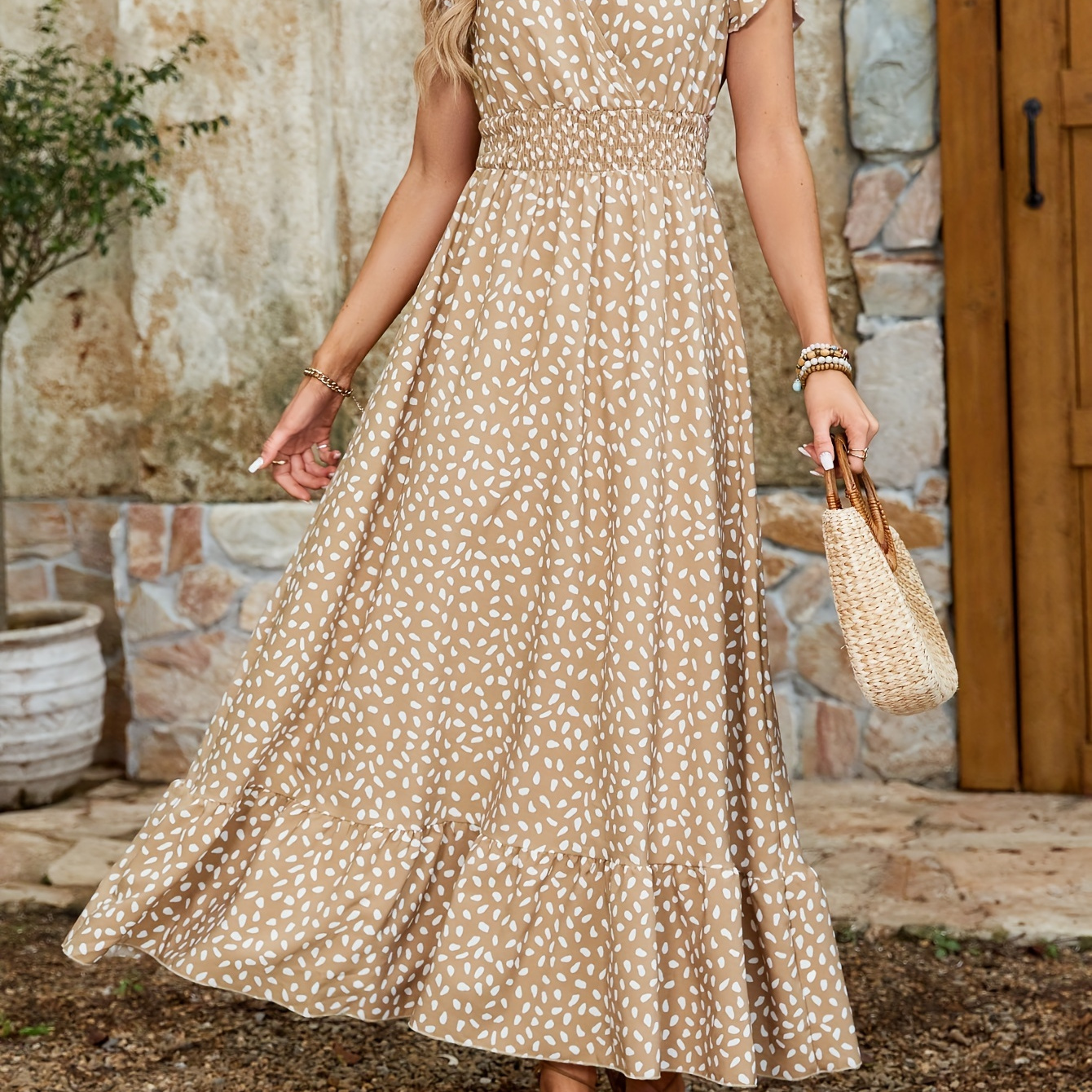 

Allover Print Surplice Neck Dress, Elegant Ruffle Sleeve Shirred Waist A-line Dress For Spring & Summer, Women's Clothing
