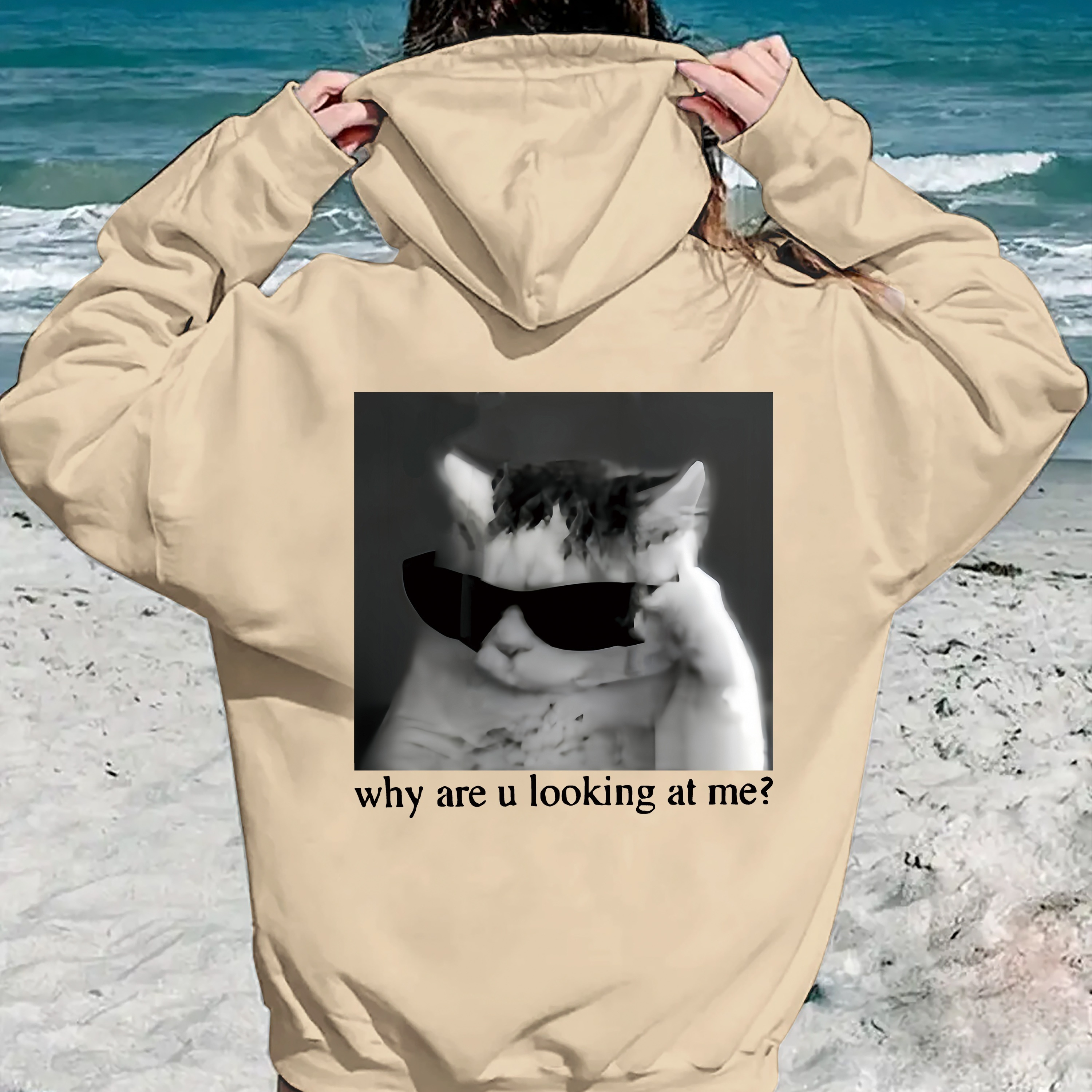 

Cat Print Hoodie, Casual Long Sleeve Kangaroo Pocket Hooded Sweatshirt, Women's Clothing