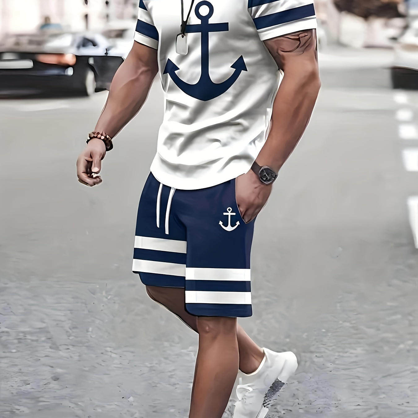 

2-piece Men's Anchor Pattern Print Summer Outfit Set, Color Blocked Short Sleeve Crew Neck T-shirt & Elastic Waist Shorts With Pockets