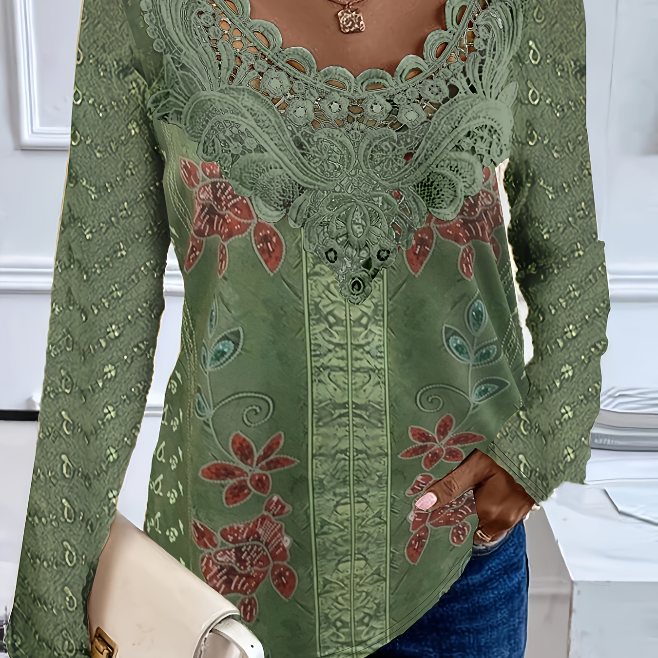 

Print Lace Splicing T-shirt, Vintage Long Sleeve Top For Spring & Fall, Women's Clothing