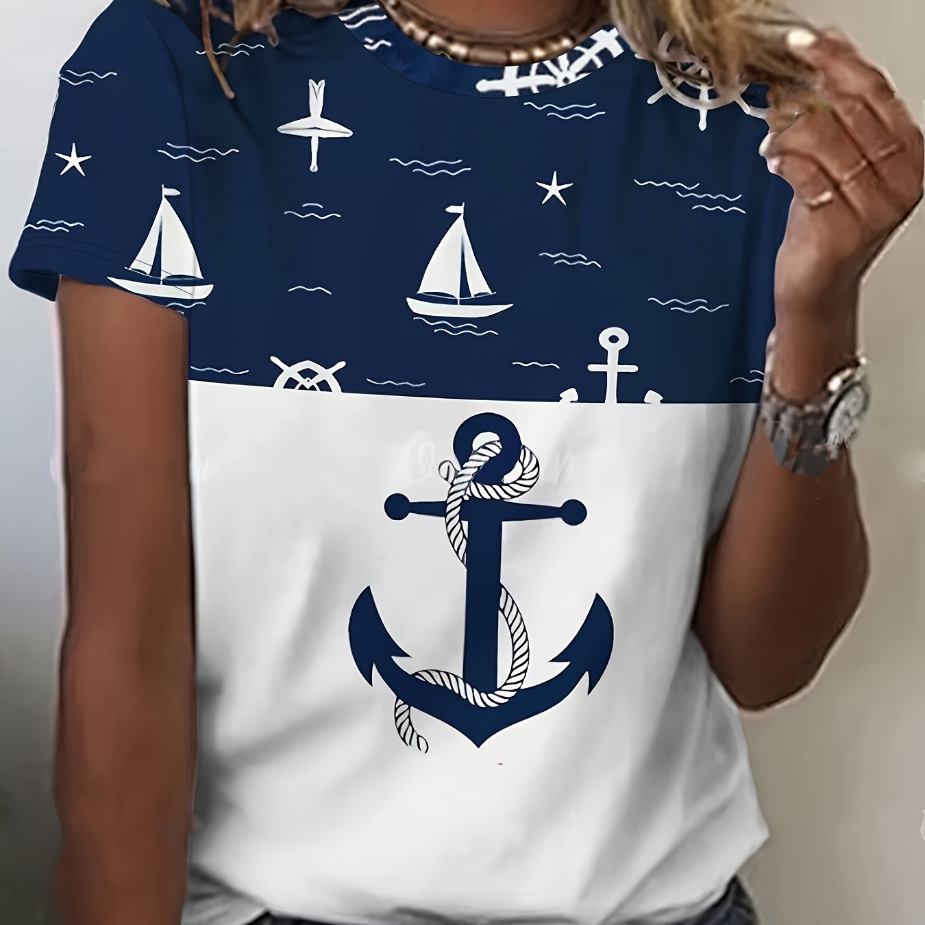 

1pc Women's Casual Nautical Print T-shirt, Polyester Crew Neck Short Sleeve Top With Anchor And Sailboat Patterns, Knit Fabric Tee