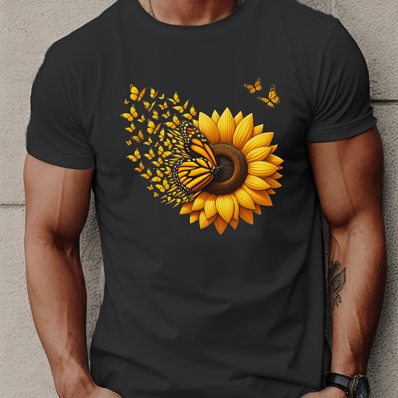 

Innovative Butterfly Sunflower Print Short Sleeved T-shirt, Casual Comfy Versatile Tee Top, Men's Everyday Spring/summer Clothing