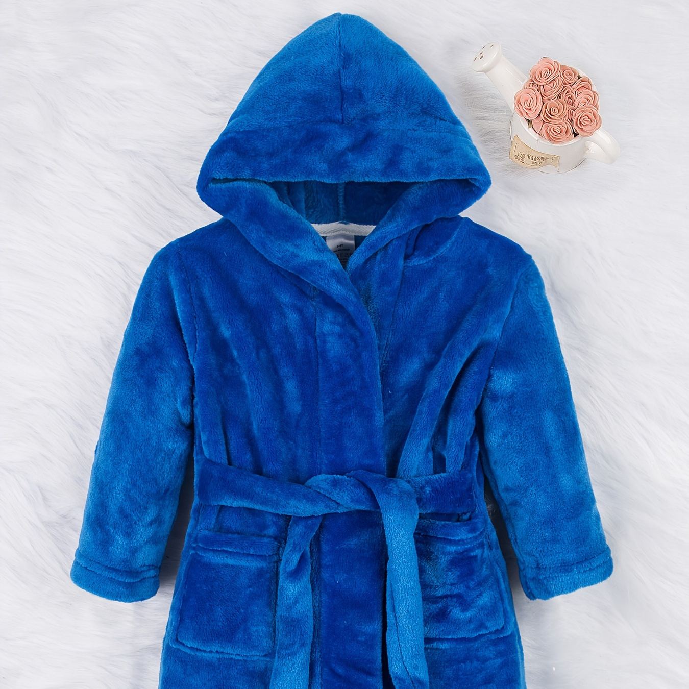 

Boy's Elegant Blue Flannel Hooded Bathrobe - Warm & Robe With Belt For Daily Wearing