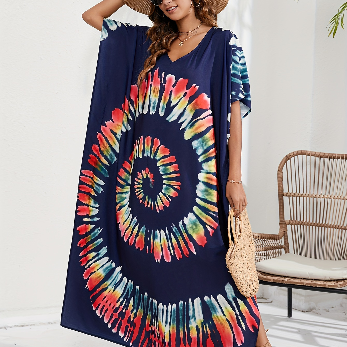 

Plus Size Boho Cover Up, Women's Plus Spiral Tie Dye Batwing Sleeve V Neck Split Kaftan Beach Cover Up Dress