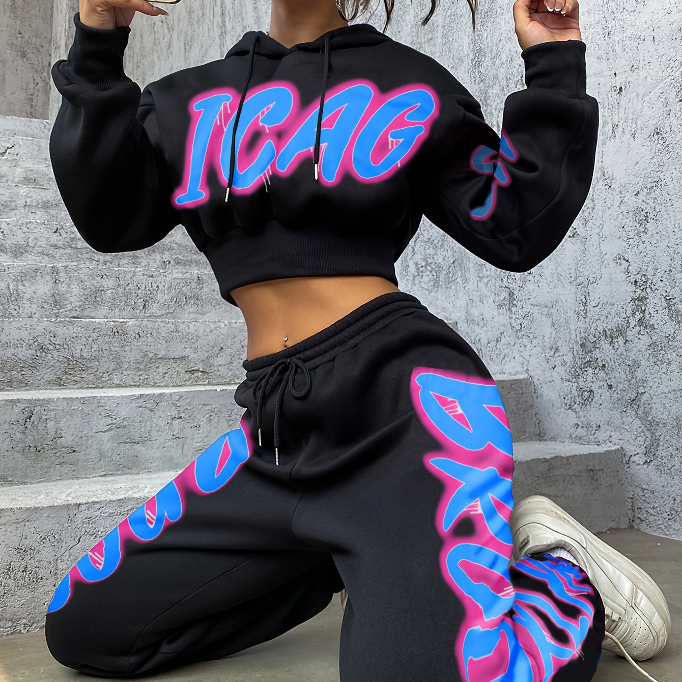 

Letter Pantsuits, Long Drawstring Hooded Sweatshirt & Waist Pants Outfits, 's