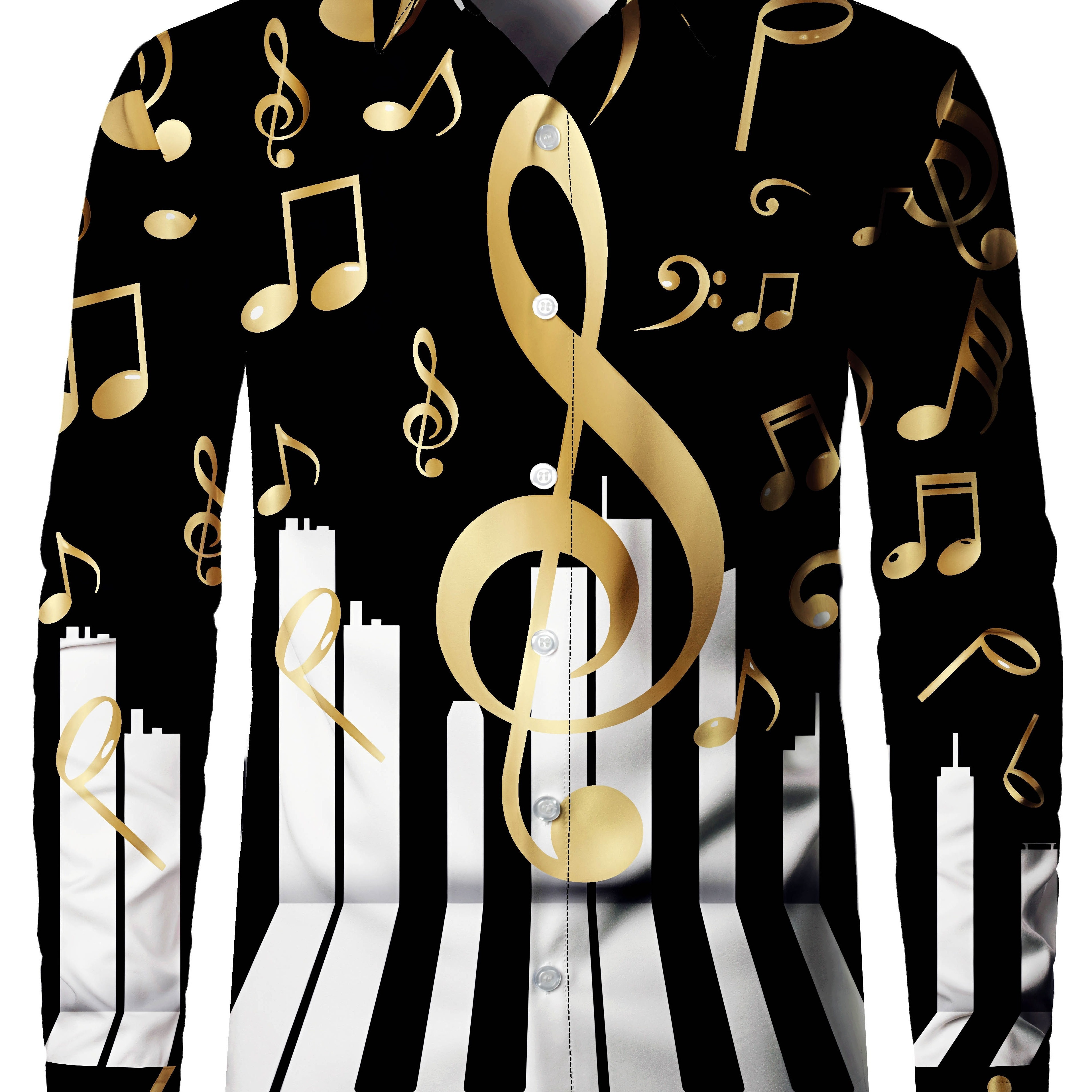 

1pc Notes And Keys Print Long Sleeve Shirt, Polyester With Slight Stretch, Lapel Collar, Woven Regular Fit With Buttons, Adult - Black And Golden