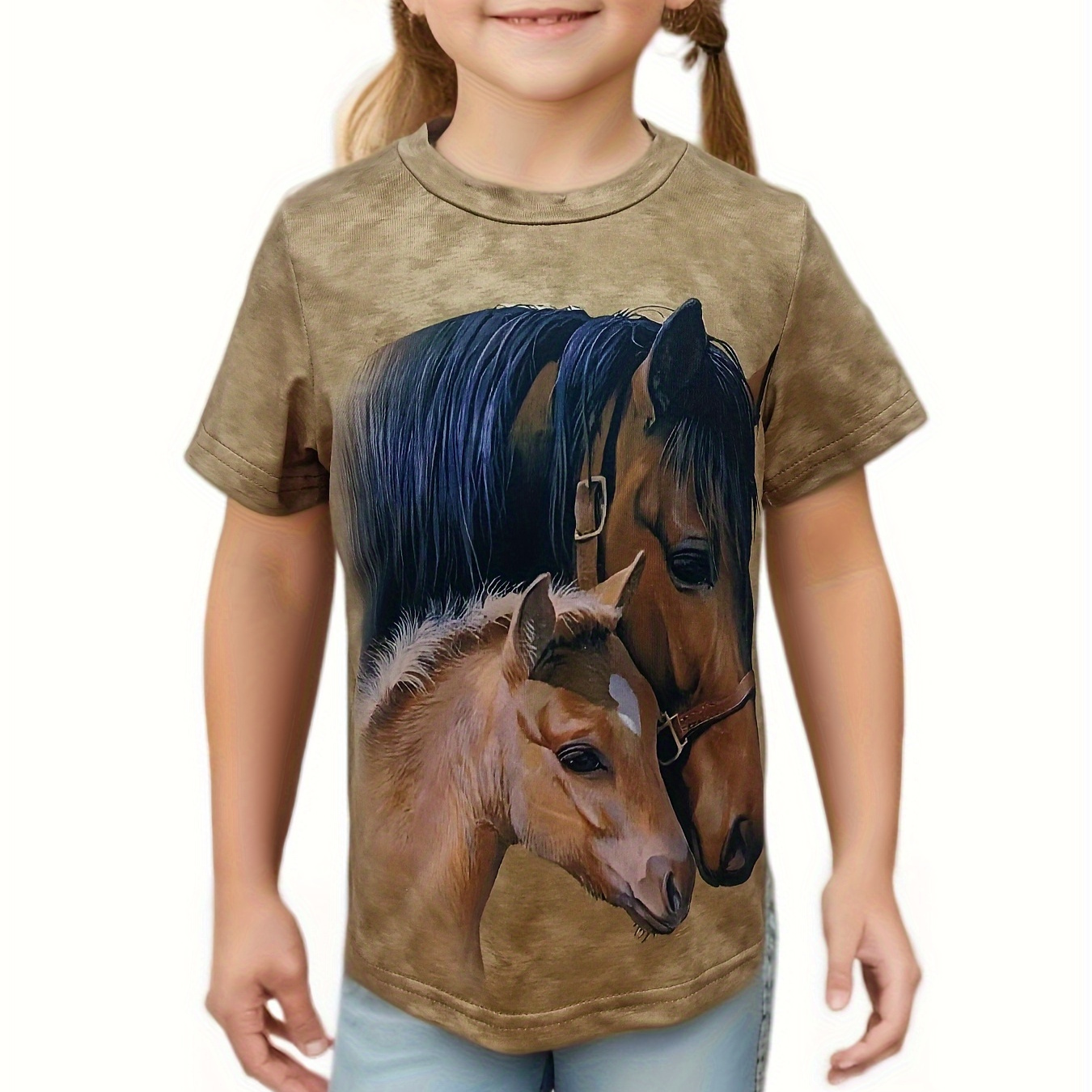 

Trendy 3d Horse Print Crew Neck Short Sleeve T-shirt Versatile Pullover Tops For Girls Summer Outdoor