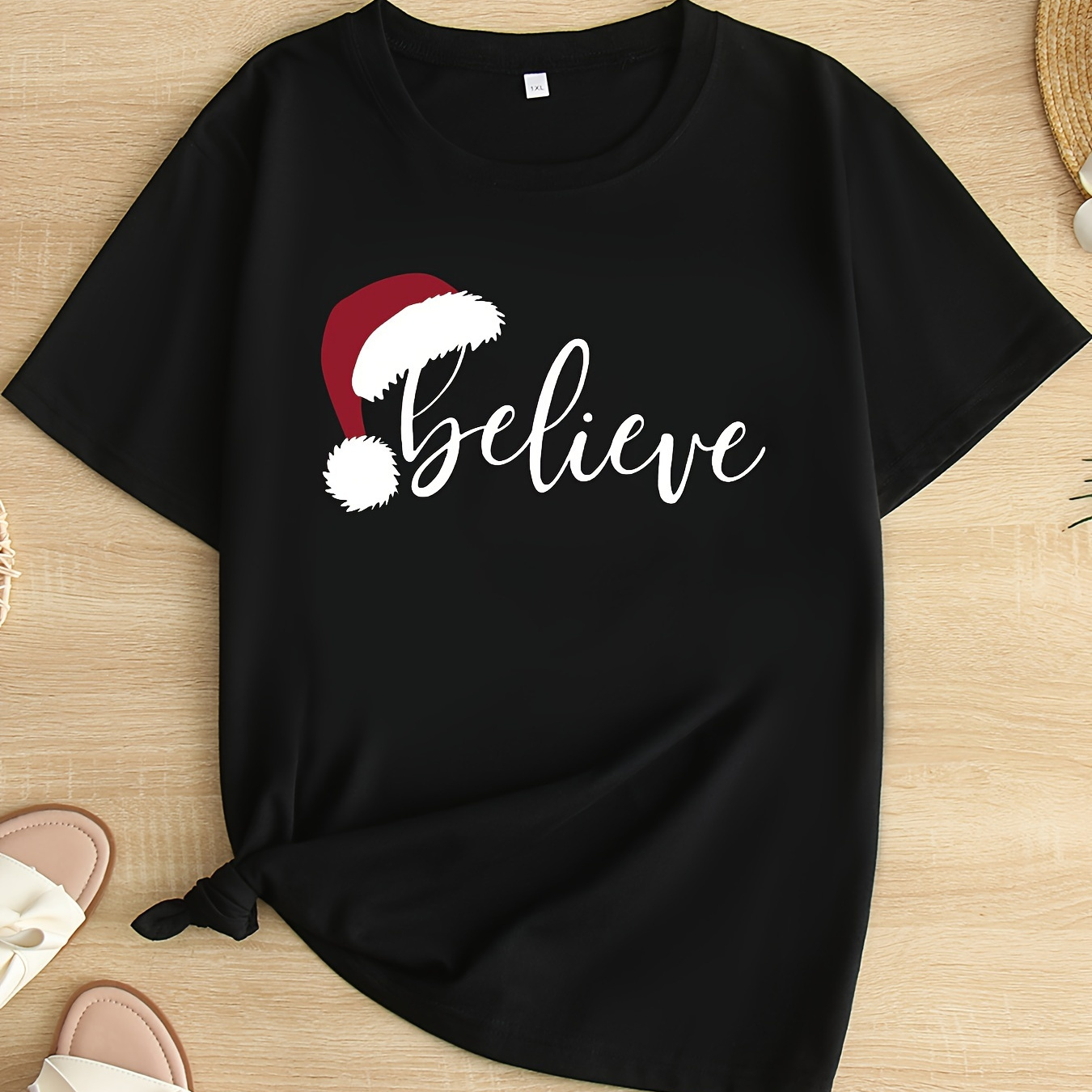 

Women's Plus Size Christmas Tee - Santa & Reindeer Print, Casual Round Neck Short Sleeve T-shirt, Breathable Polyester, Machine Washable - Sizes 1xl To 8xl