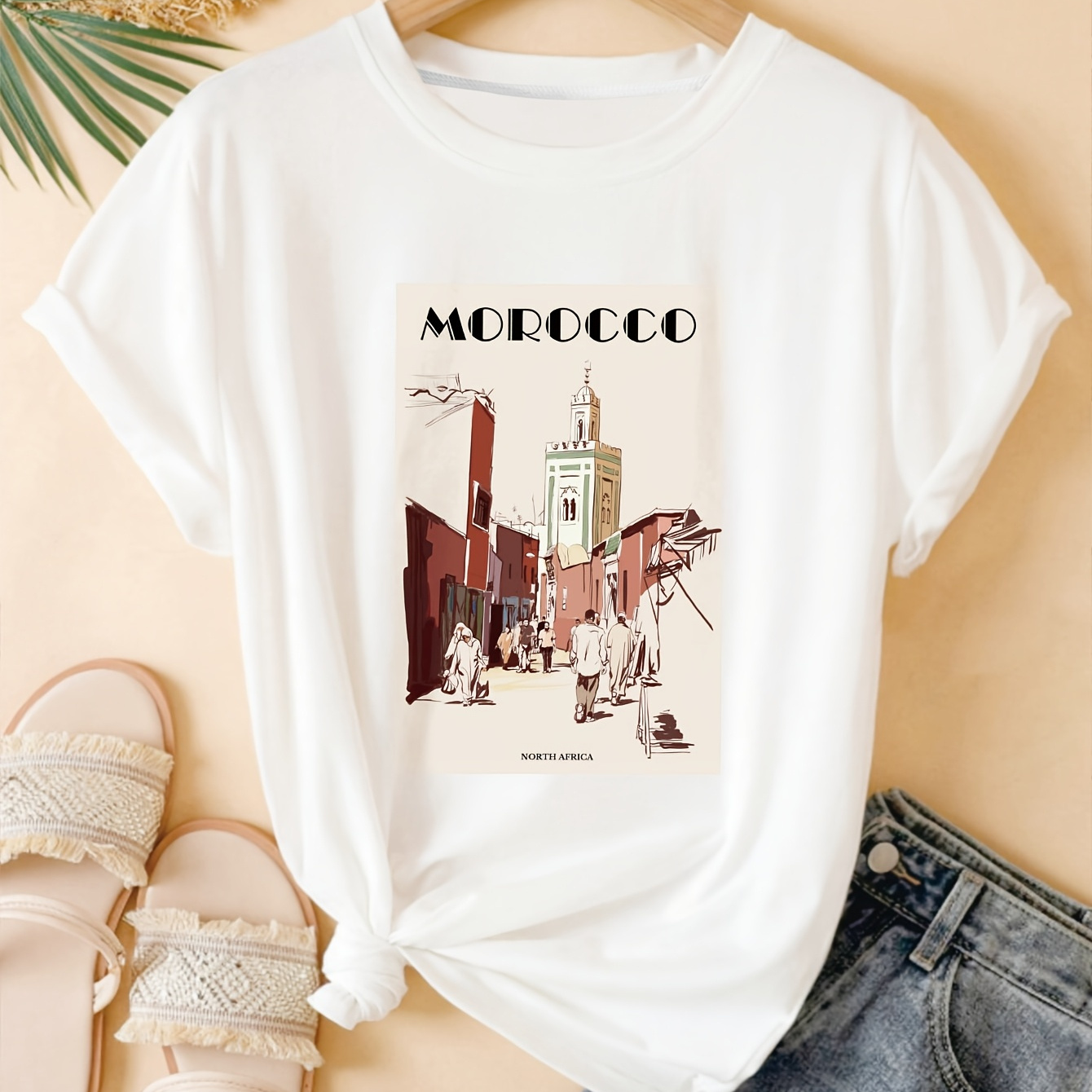 

T-Shirt Décontracté à Manches Courtes pour Femme avec Imprimé Architectural de Rue Marocaine, de Voyage