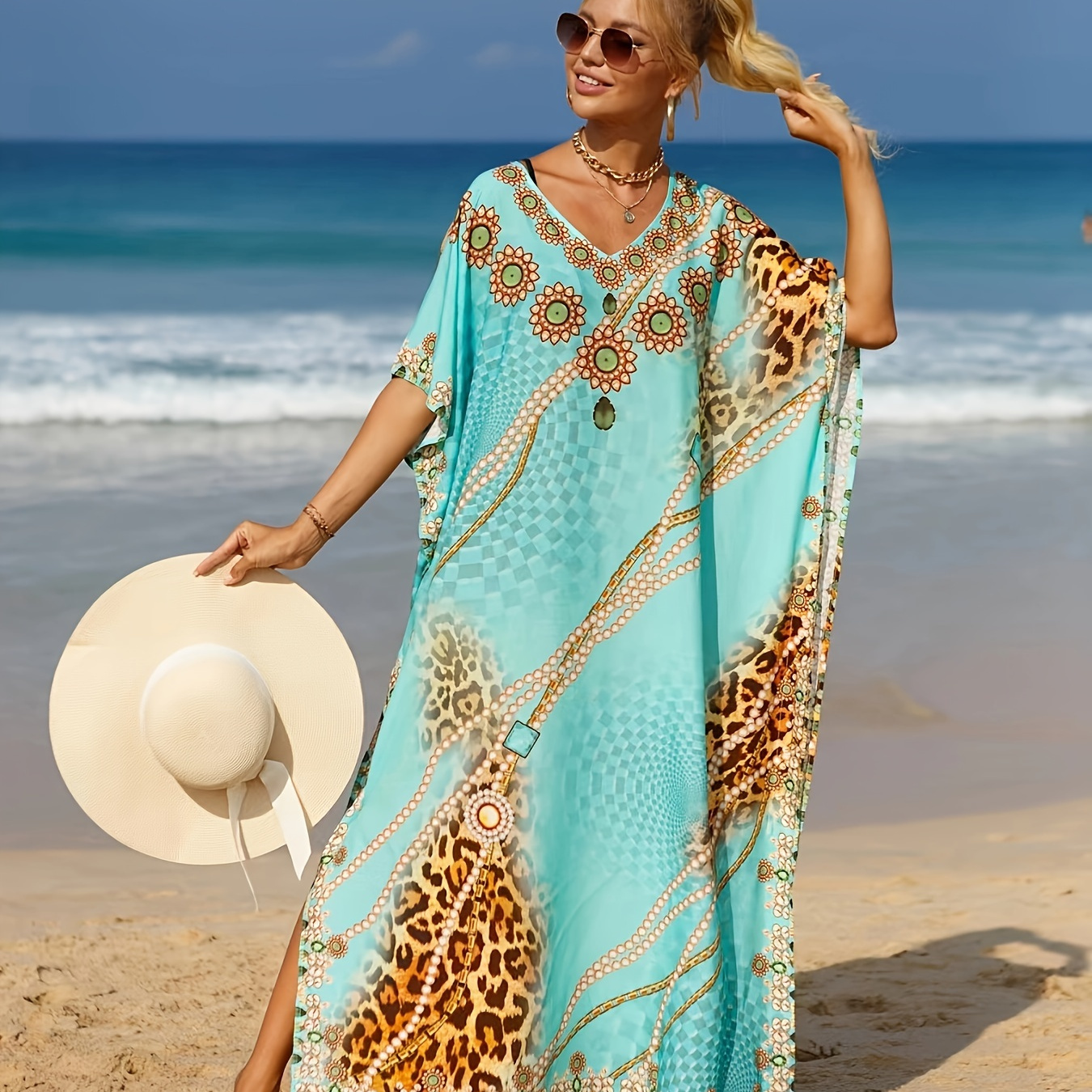 

Women's Viscose Kaftan Dress - Tribal Print Beach Cover-up, Loose Fit Maxi Kimono With V-neck And Batwing Sleeves, Lightweight Sun Protection For Swimwear