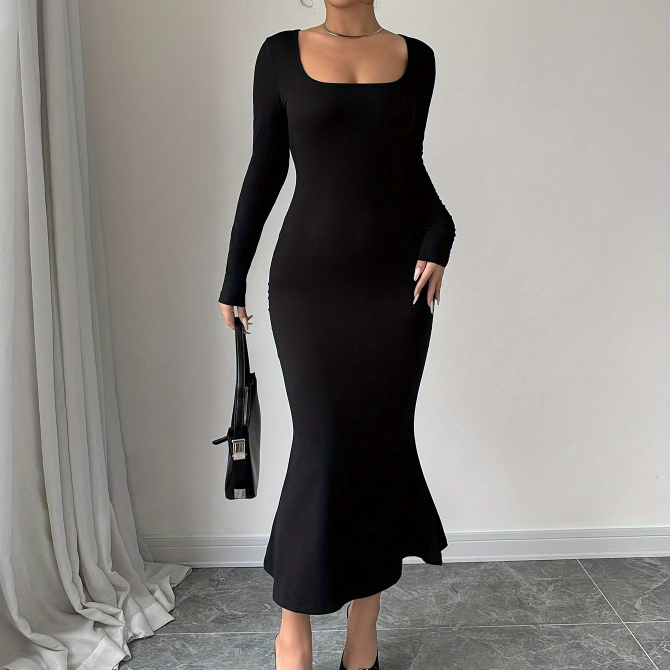 

Bodycon Square Neck Mermaid Hem Dress, Elegant Long Sleeve Dress For Spring & Fall, Women's Clothing