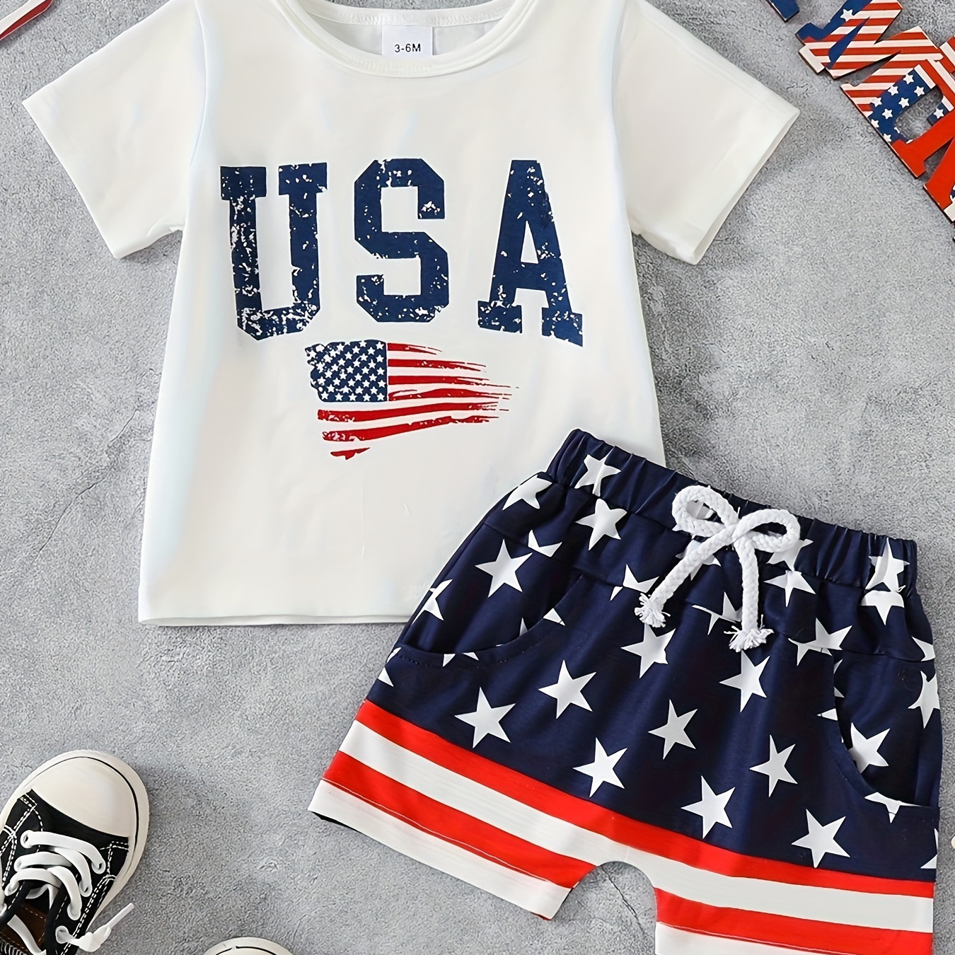 

Baby's Usa Print 2pcs Summer Casual Outfit, T-shirt & Pentagram Full Print Shorts Set, Toddler & Infant Boy's Clothes For Independence Day