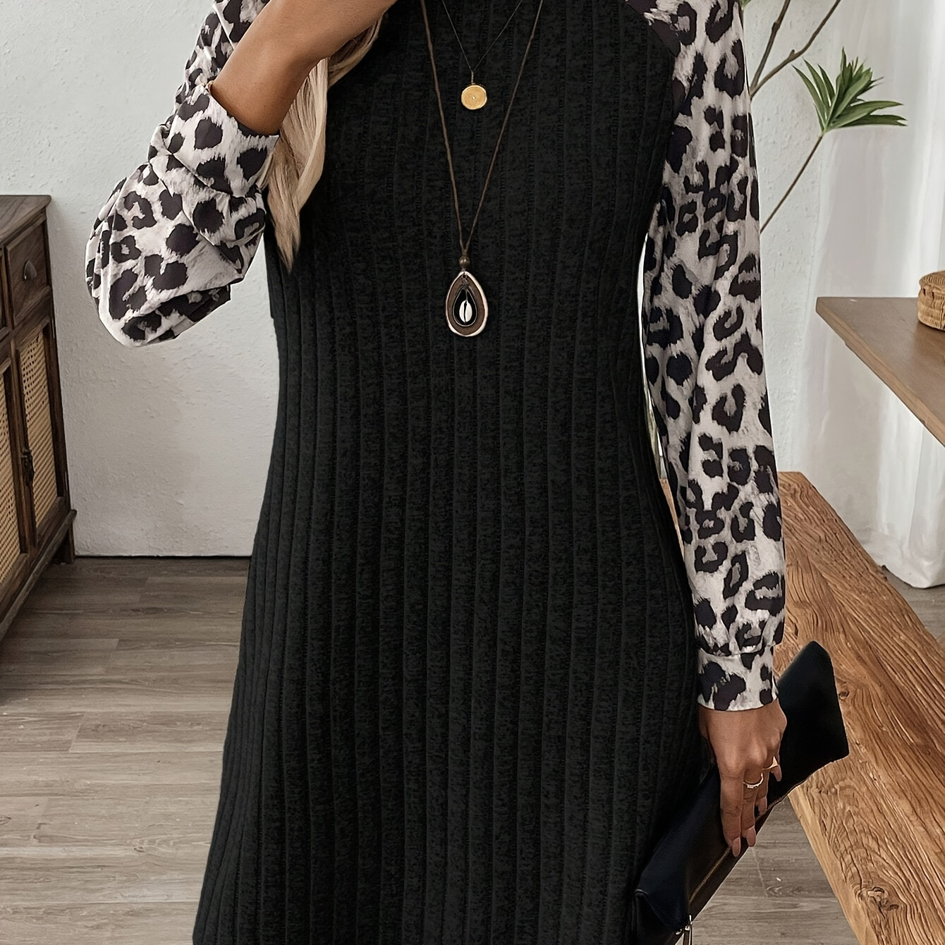 

Leopard Neck Dress, Elegant Long Sleeve A-line Knee Length Dress For Spring & Fall, Women's Clothing