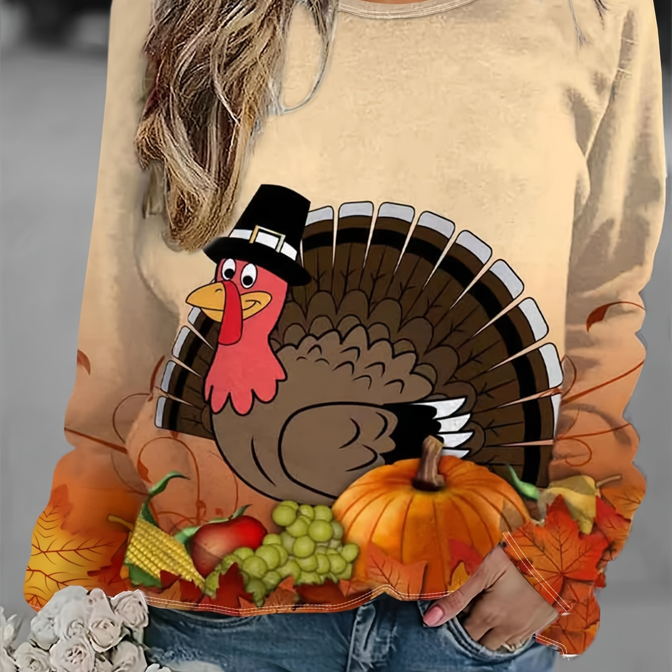 

Thanksgiving Turkey Print Pullover Sweatshirt, Casual Long Sleeve Crew Neck Sweatshirt For Fall & Winter, Women's Clothing