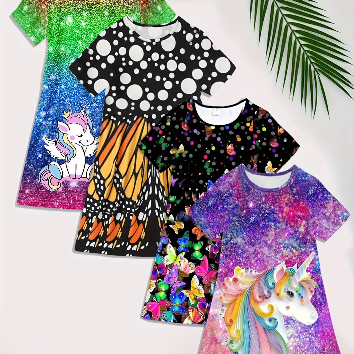 

4pcs, Unicorn & Butterfly 3d Pattern Novelty Dresses For Girls Vacation Casual Dresses, Summer Clothing Gift