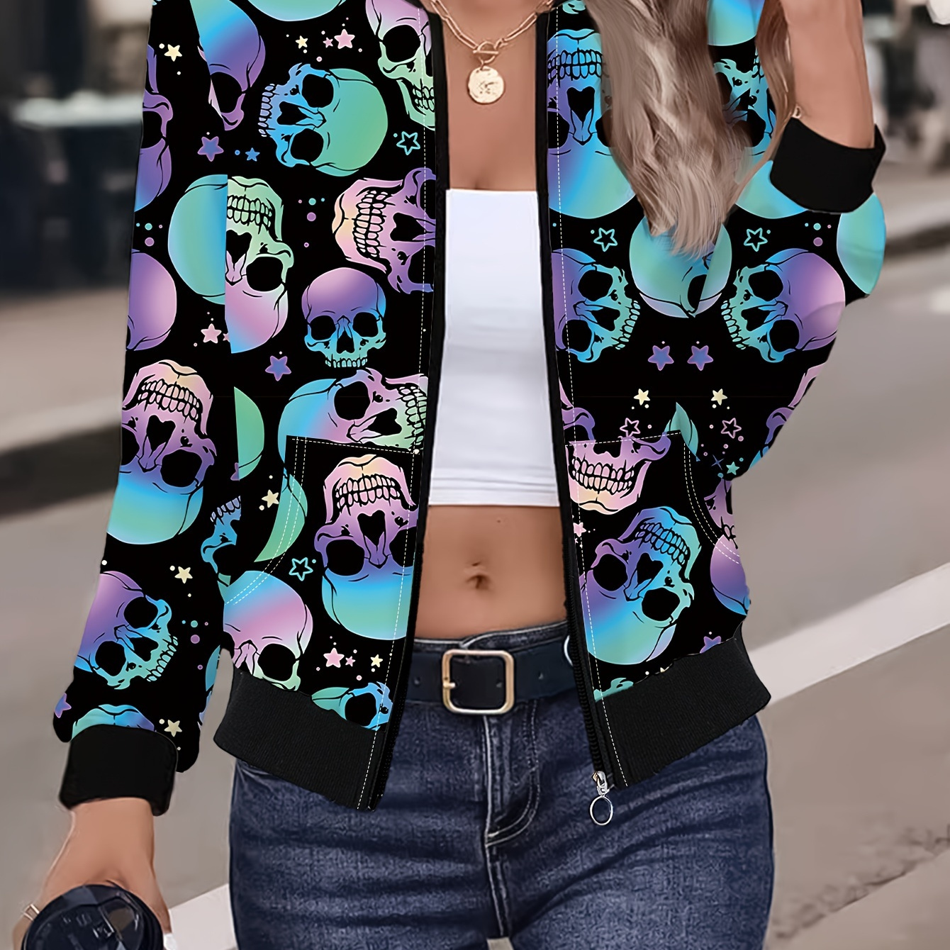 

Elegant Gradient Star Skull Print Zip-up Jacket For Women - 100% Polyester, Crew Neck, Slight Stretch, Pattern, Long Sleeve, All-season Middle Eastern Style Casual Outerwear