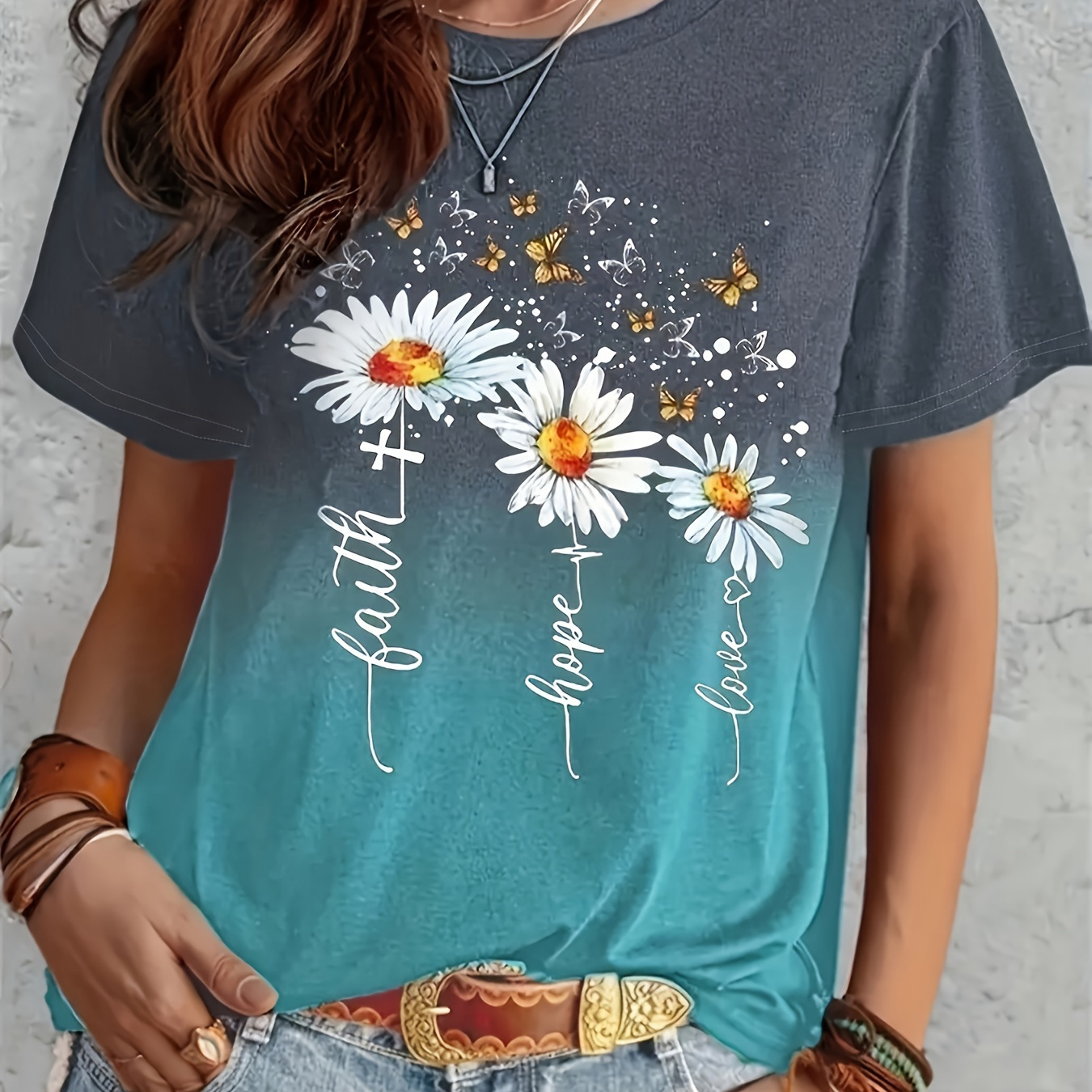 

Plus Size Sunflower Print T-shirt, Casual Short Sleeve Crew Neck Top For Spring & Summer, Women's Plus Size Clothing
