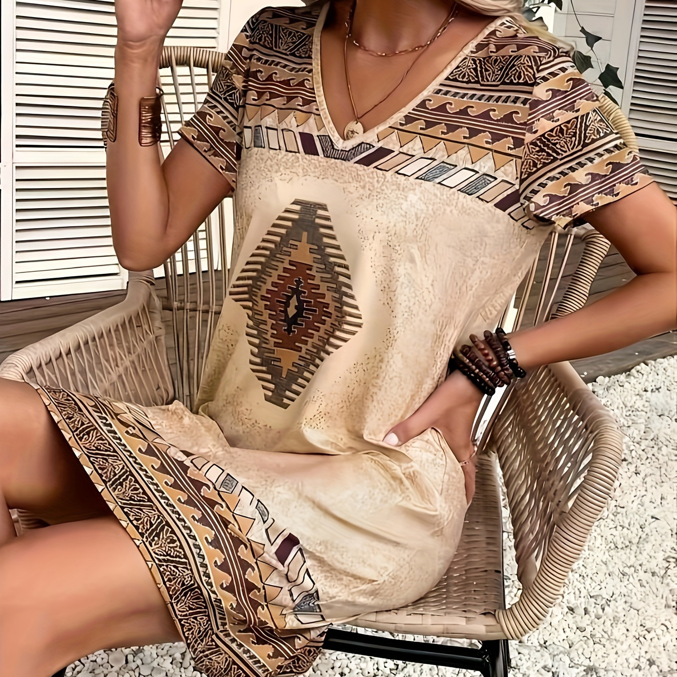 

Aztec Print V-neck Dress, Vacation Style Short Sleeve Loose Fit Dress For Spring & Summer, Women's Clothing