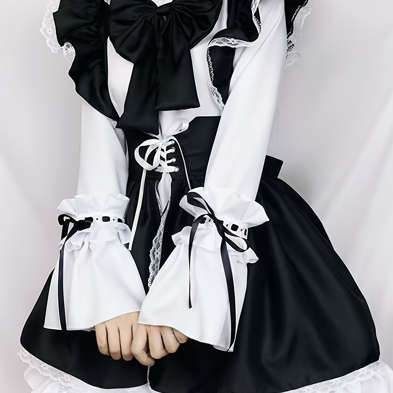 

Chic Lolita-inspired Princess Dress With Bow Detail - Long Sleeve, Knee-length Cosplay Costume For Women, Includes Apron & Headband