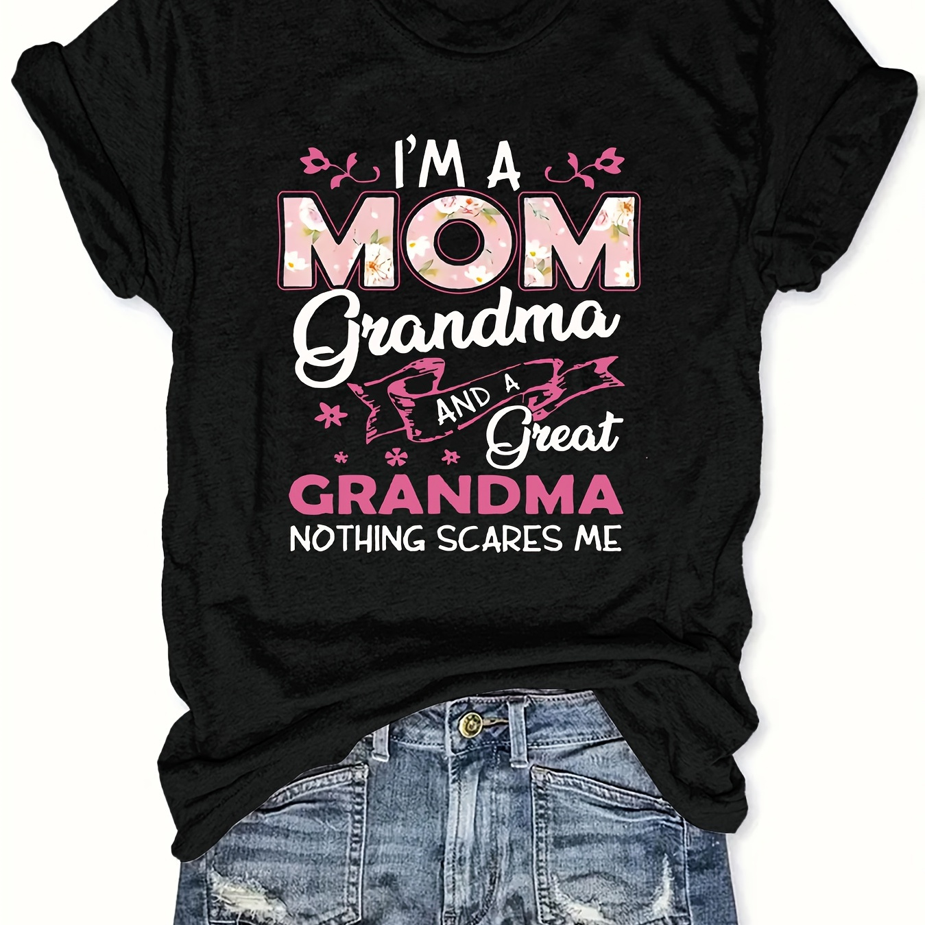 

Plus Size Mom & Grandma Print T-shirt, Casual Short Sleeve Crew Neck Top For Spring & Summer, Women's Plus Size Clothing