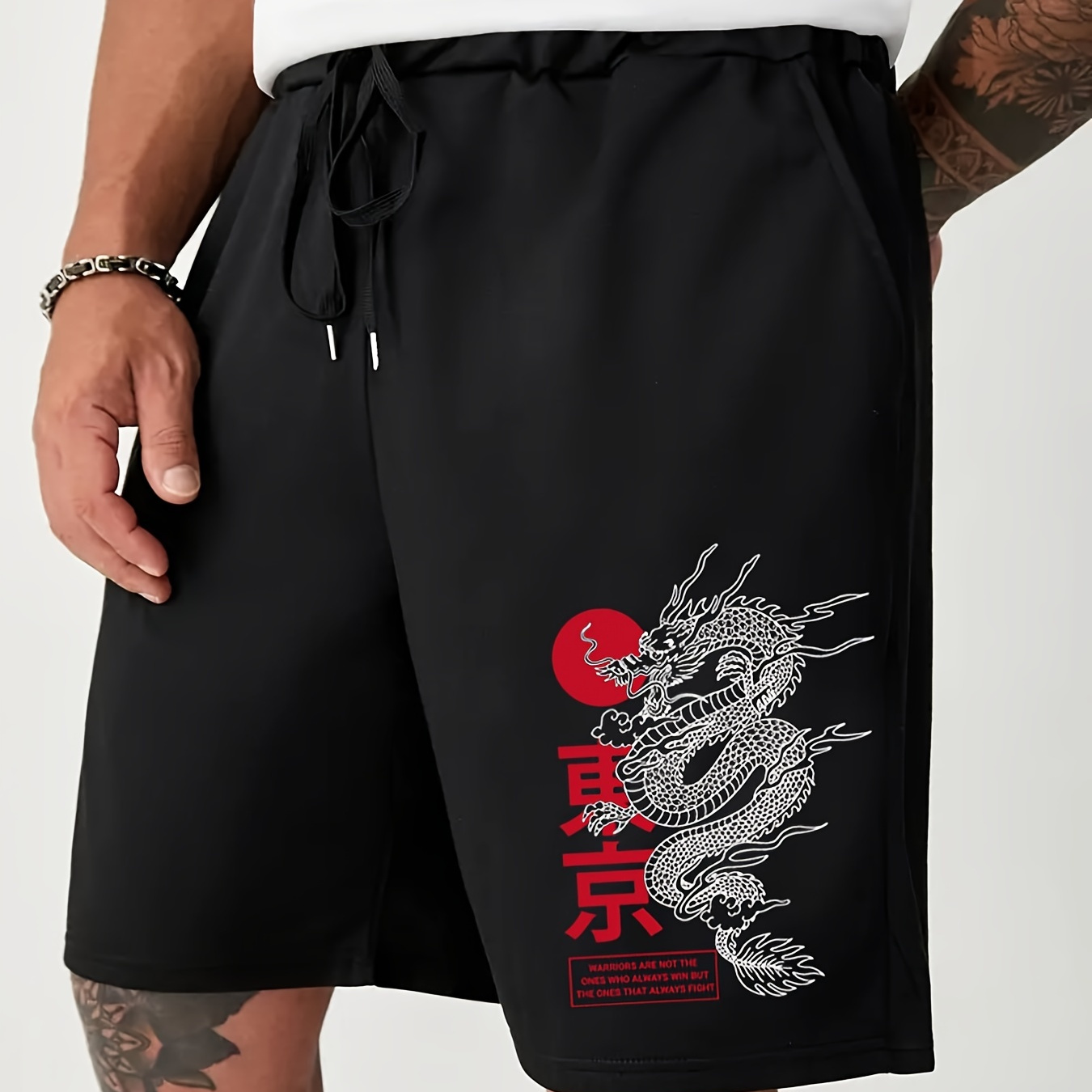 

Mens Casual Street Dragon In Tokyo Print Slightly Stretch Drawstring Shorts, Male Clothes For Summer