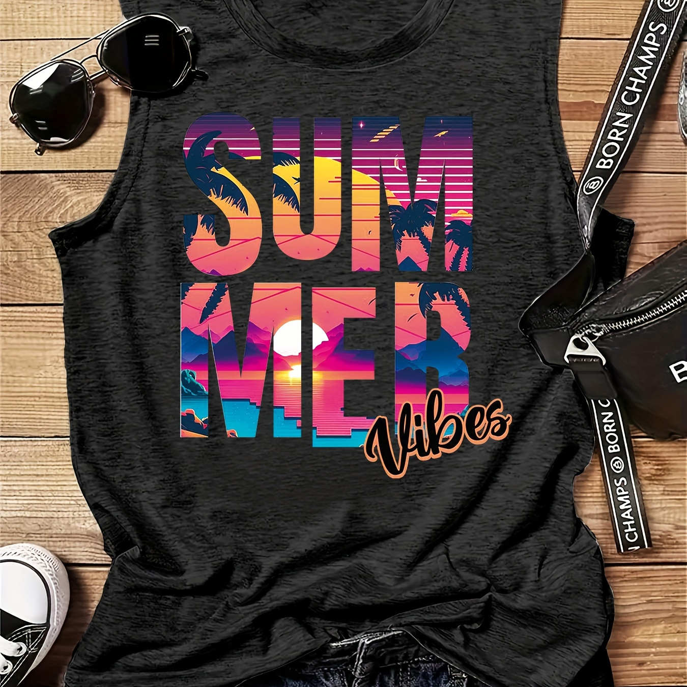 

Summer Letter Print Crew Neck Tank Top, Casual Sleeveless Tank Top For Summer, Women's Clothing